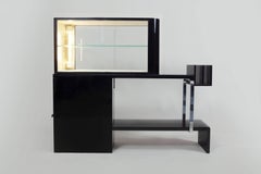 Art Deco Spatial Display Cabinet with Lamp, Black Polish, Chrome Accessories