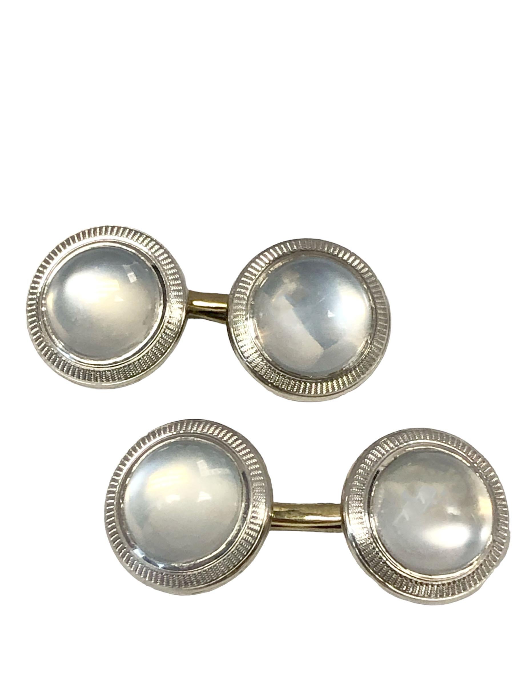 Circa 1930s Spaulding & Company Gents Tuxedo Dress Set, Platinum Top with 14k Yellow Gold Back and set with very fine color Moonstone. The set includes: Cufflinks, Shirt Studs and Vest Studs, comes in the original fitted Spaulding & Company