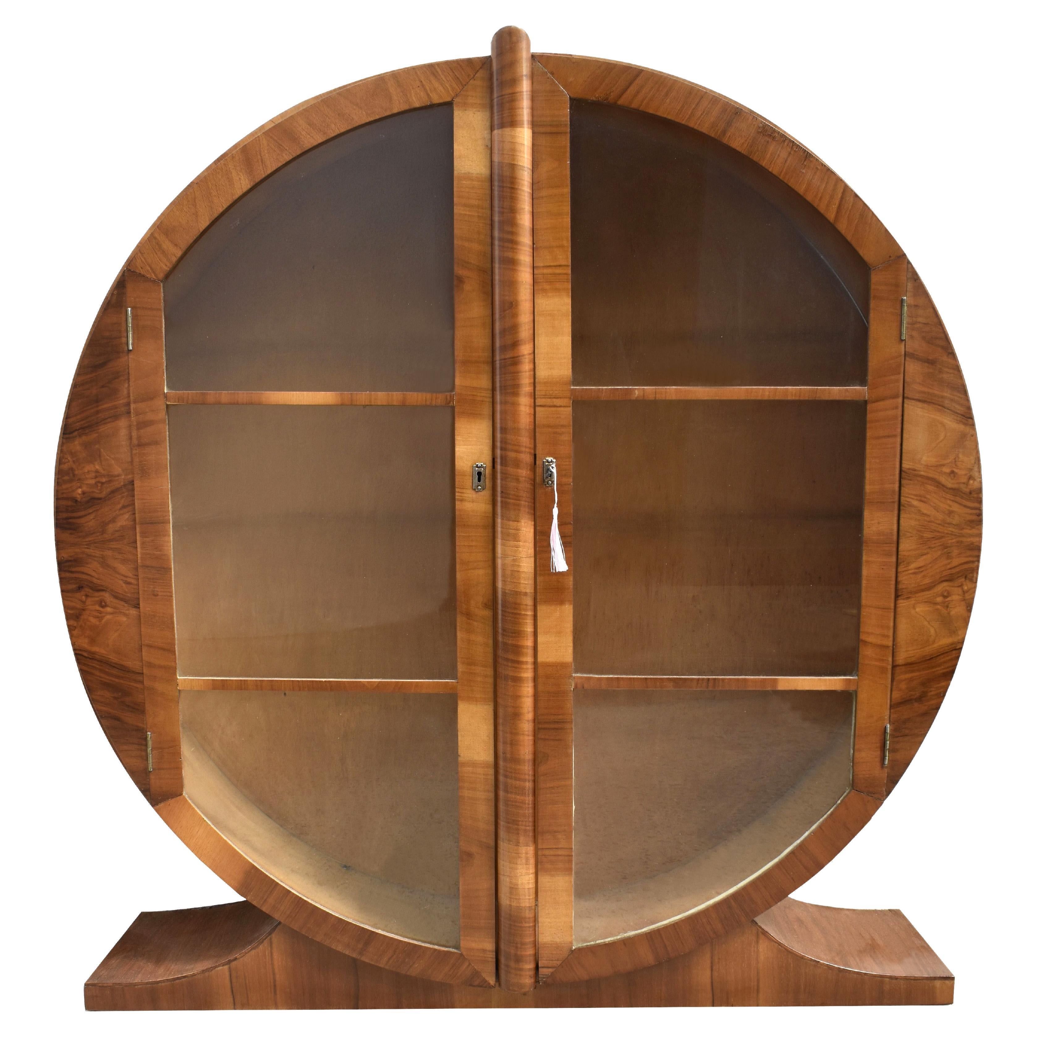 Art Deco Spectacular Circular Display Cabinet Vitrine In Walnut, c1930s For Sale