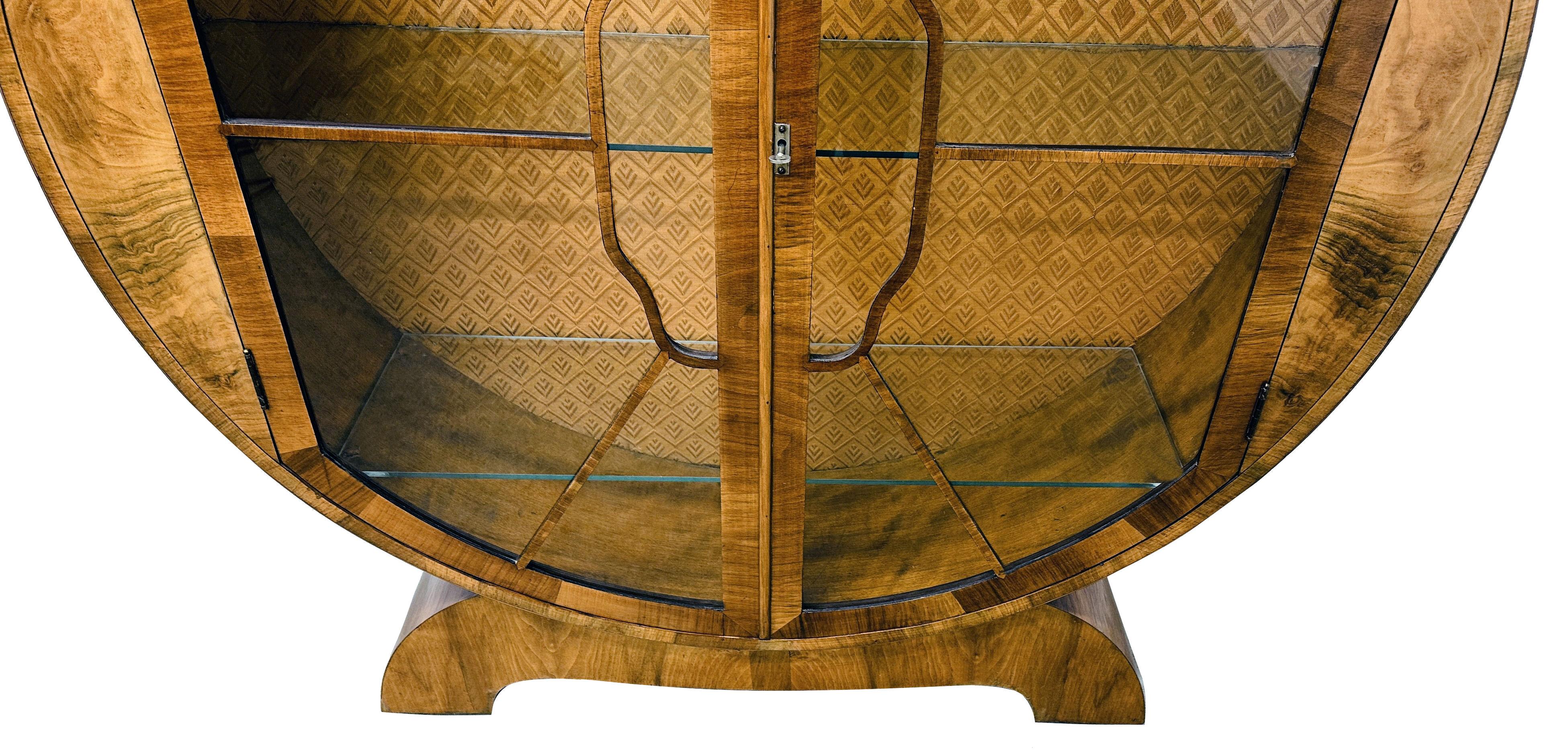Art Déco Art Deco Spettacolare Noce Circolare  Vetrina da esposizione, inglese, anni '30 circa