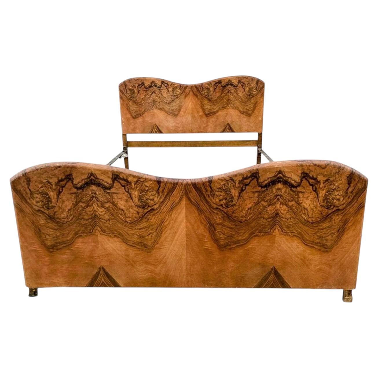 Art Deco Spectacular Heavily Figured Walnut Double Bed, England, c1930