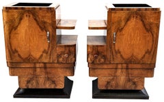Art Deco Spectacular Pair of Italian Walnut Bedside Table Nightstands, c1930