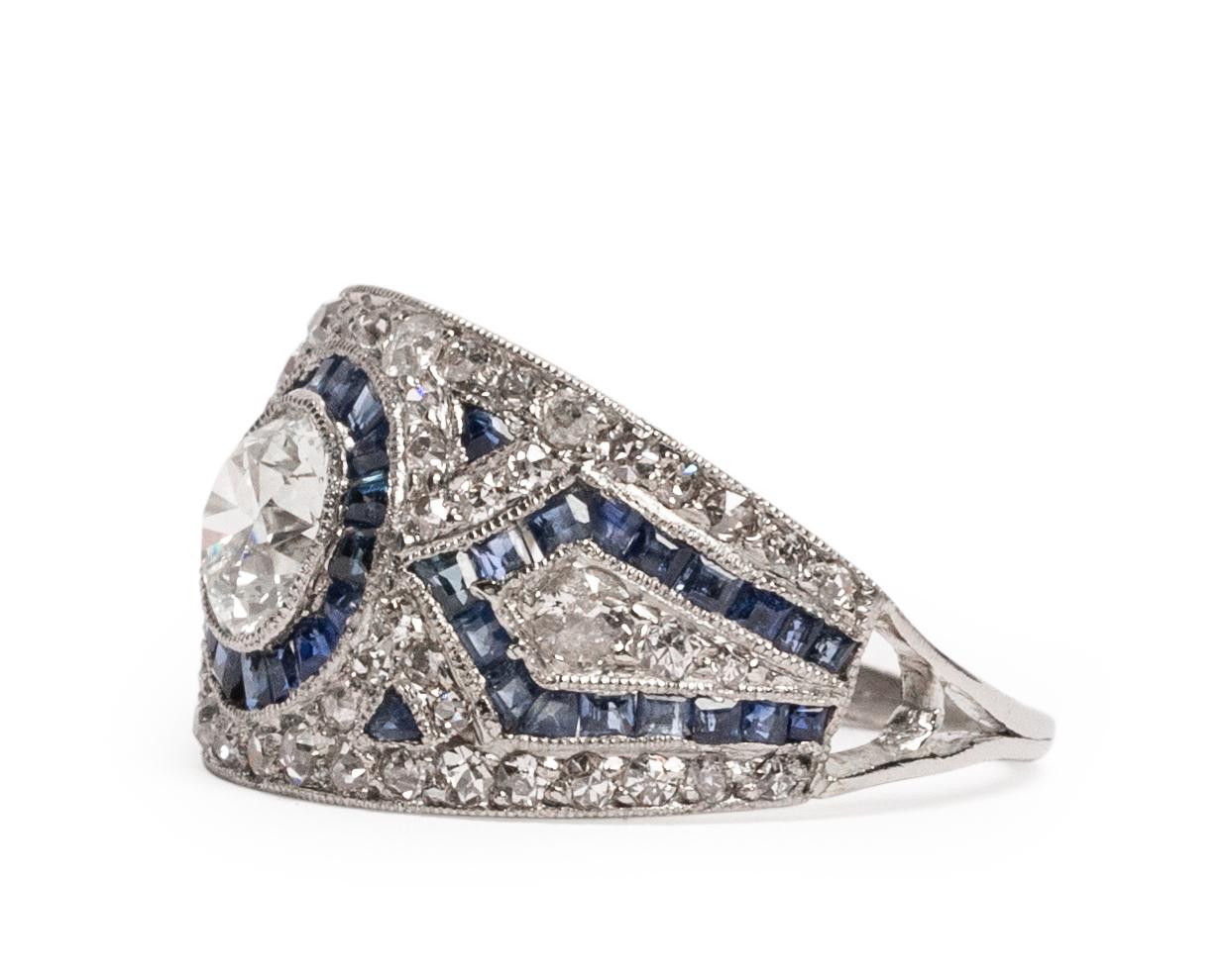 Old European Cut Art Deco Spectacular Pave Diamond and Blue Sapphire Platinum Ring, circa 1920s