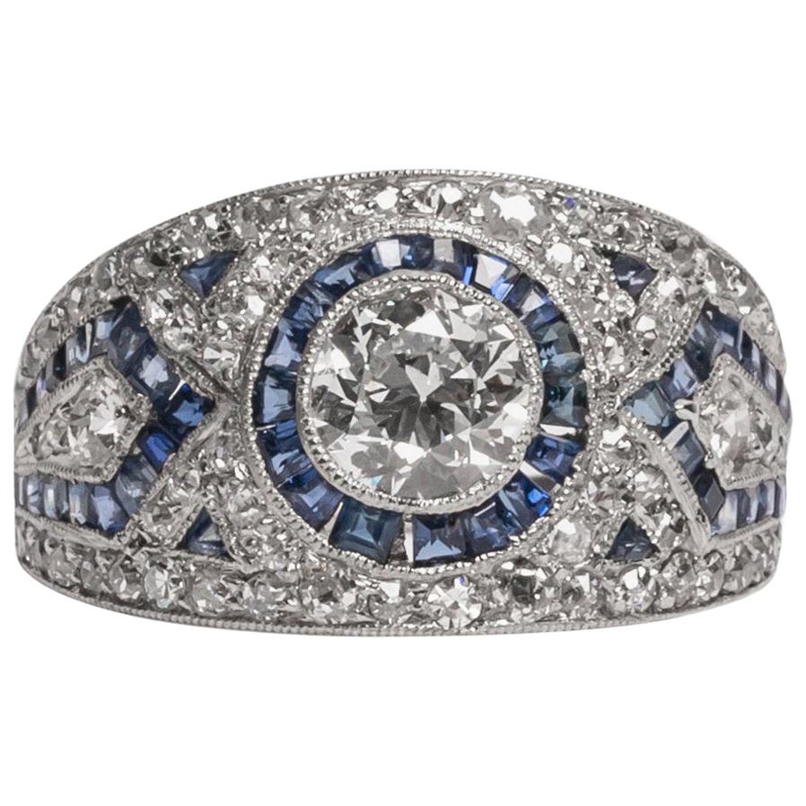 Art Deco Spectacular Pave Diamond and Blue Sapphire Platinum Ring, circa 1920s