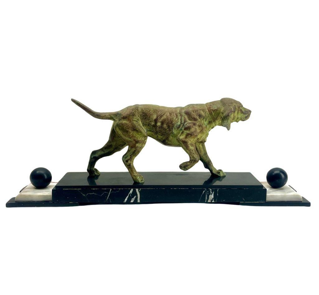 French Art Deco. Spelter Bonzed Representation of Bloodhound  Marble Base Signed: BERNI For Sale