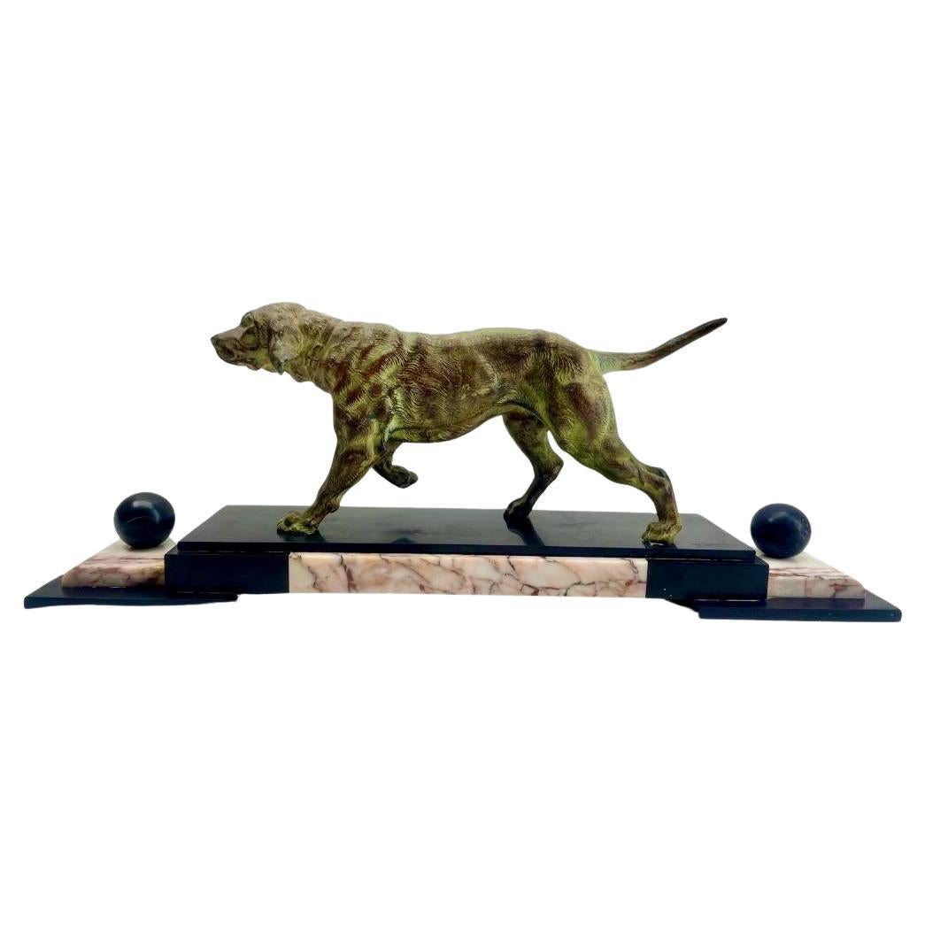 Art Deco. Spelter Bonzed Representation of Bloodhound  Marble Base Signed: BERNI For Sale