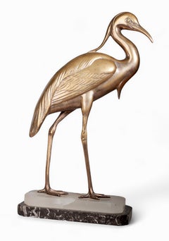 Art Déco Spelter Egret Sculpture with Marble Base Signed by Julcame Reg, France