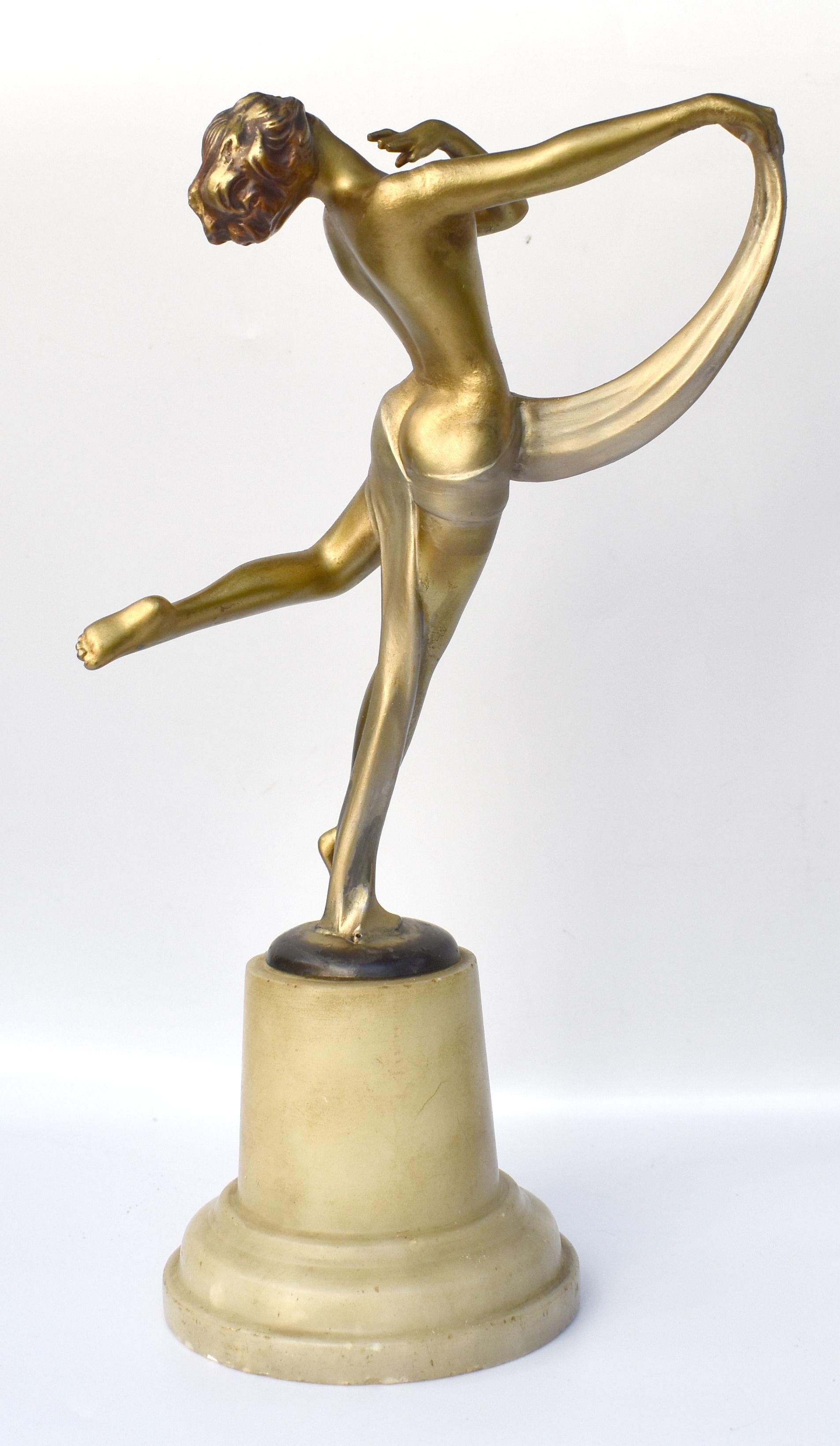 20th Century Art Deco Spelter Figural Lady on Alabaster Base, c1930's For Sale