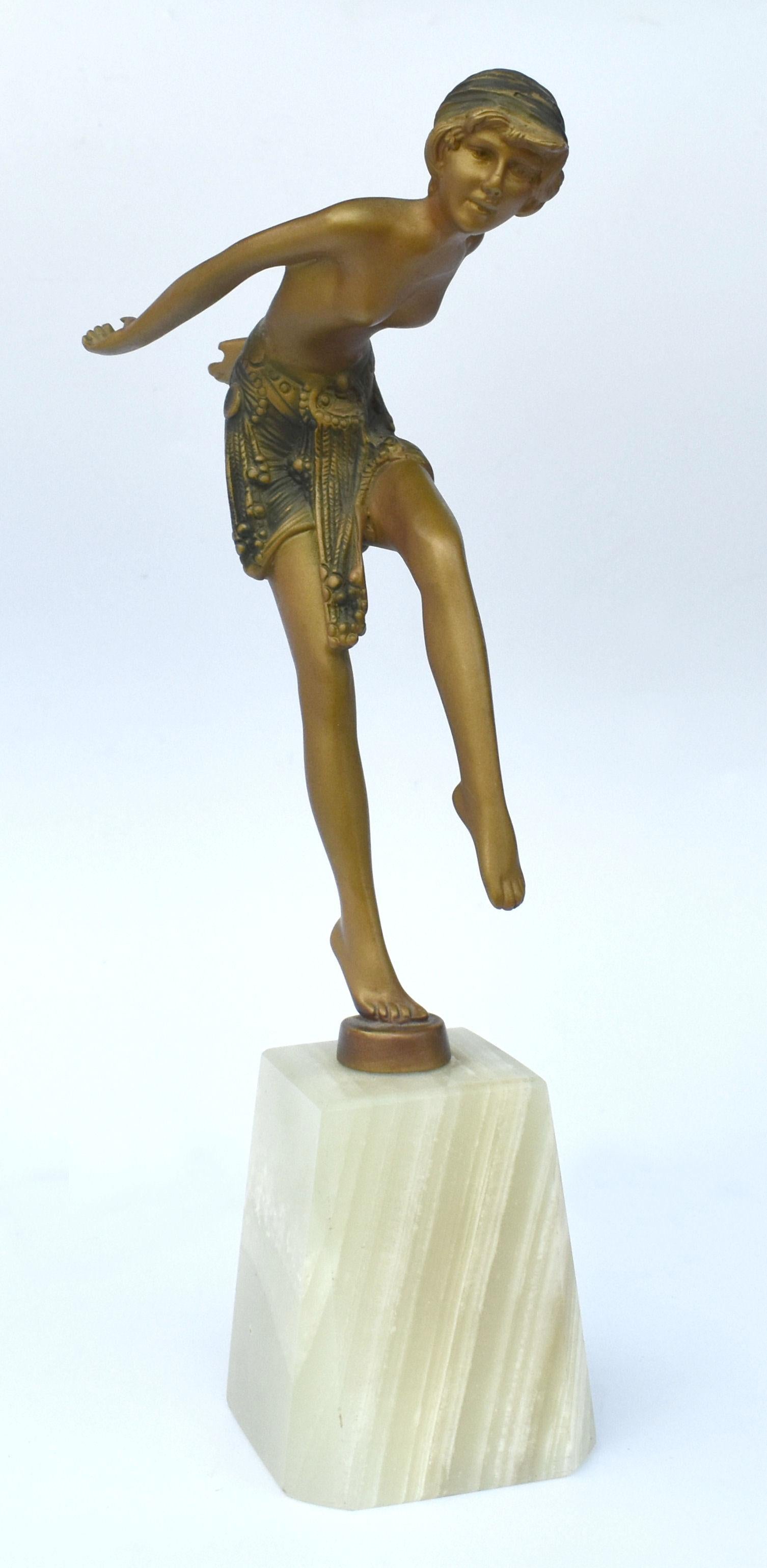 French Art Deco Spelter Figural Lady on Onyx Base, 1930's For Sale