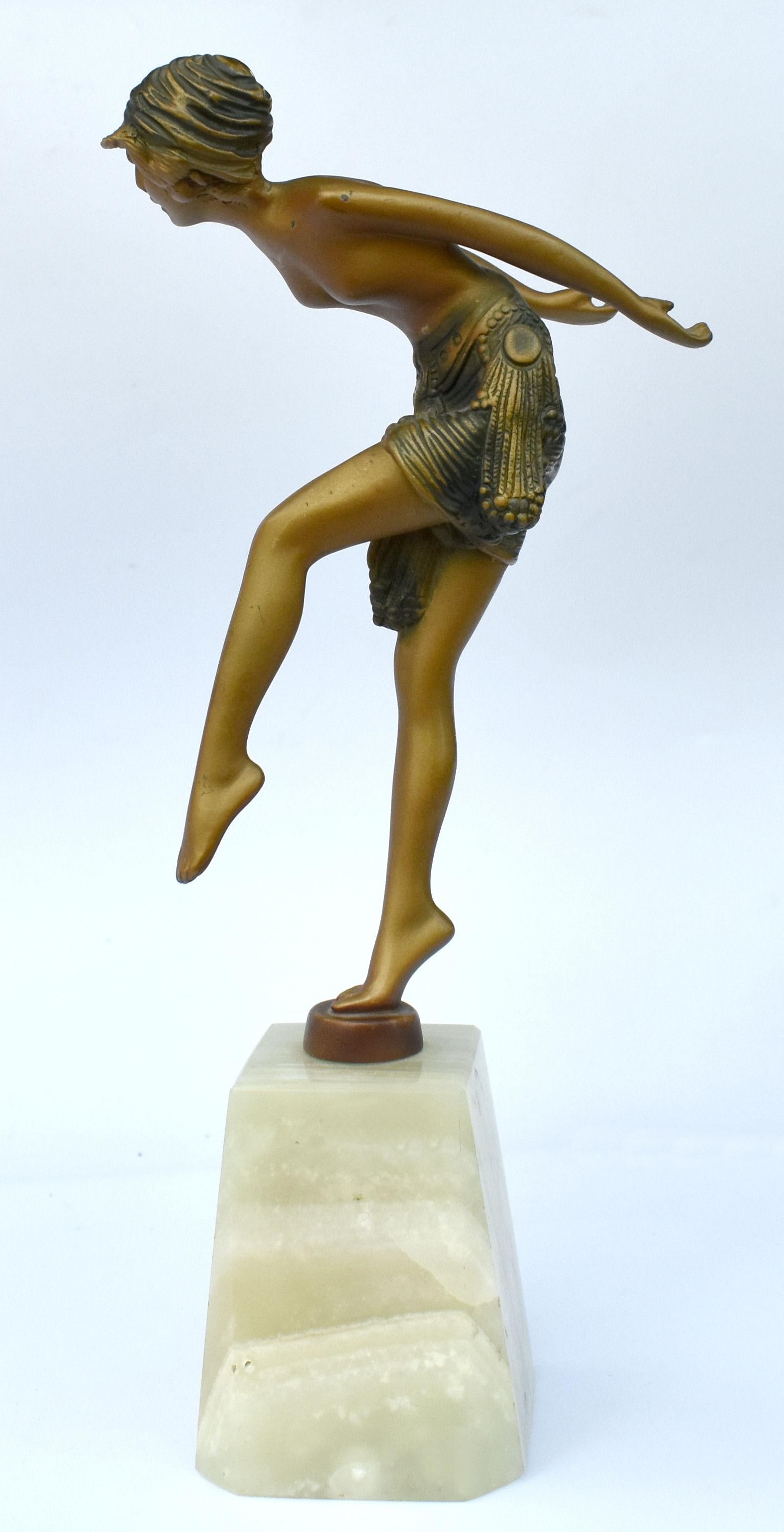 20th Century Art Deco Spelter Figural Lady on Onyx Base, 1930's For Sale