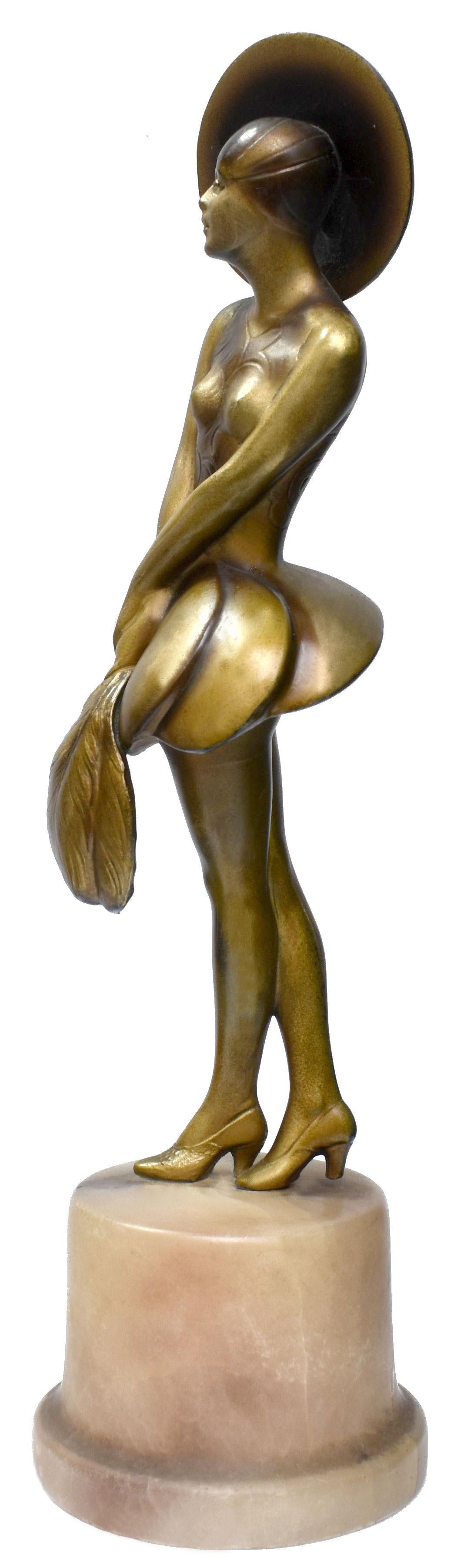 French Art Deco Spelter Figure 'girl with feather fan', c1930