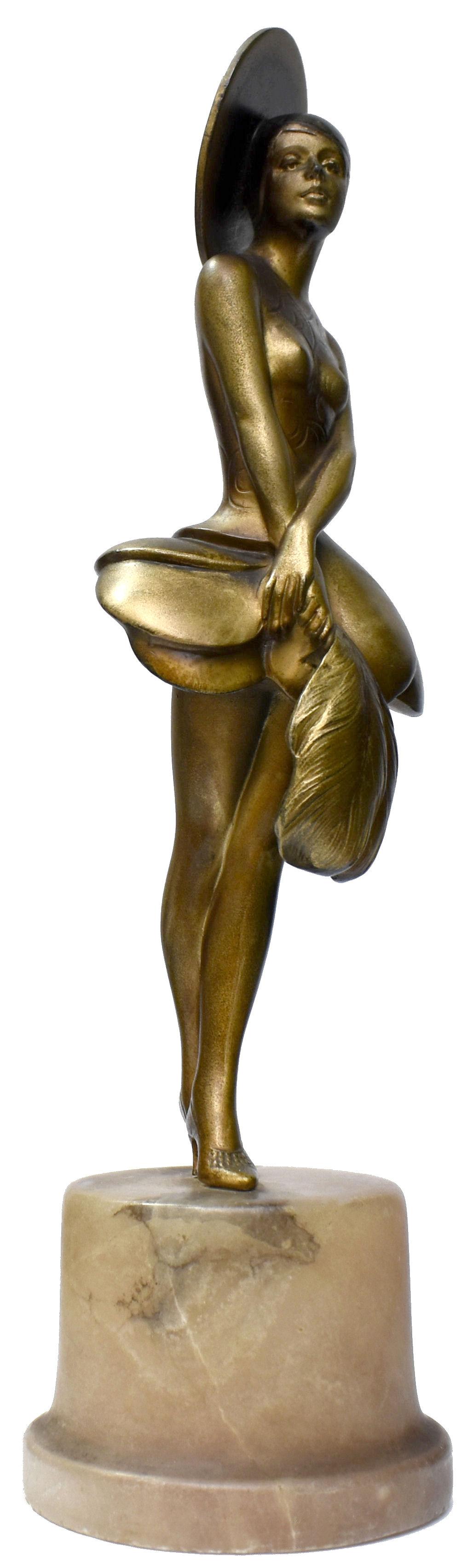 Art Deco Spelter Figure 'girl with feather fan', c1930 1