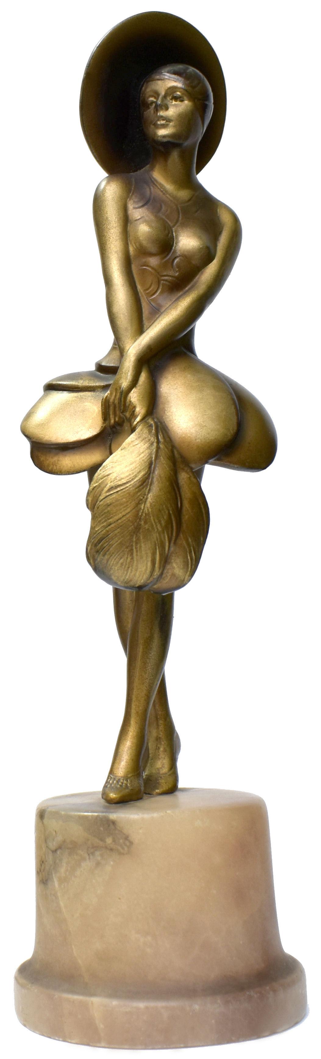 Art Deco Spelter Figure 'girl with feather fan', c1930 2