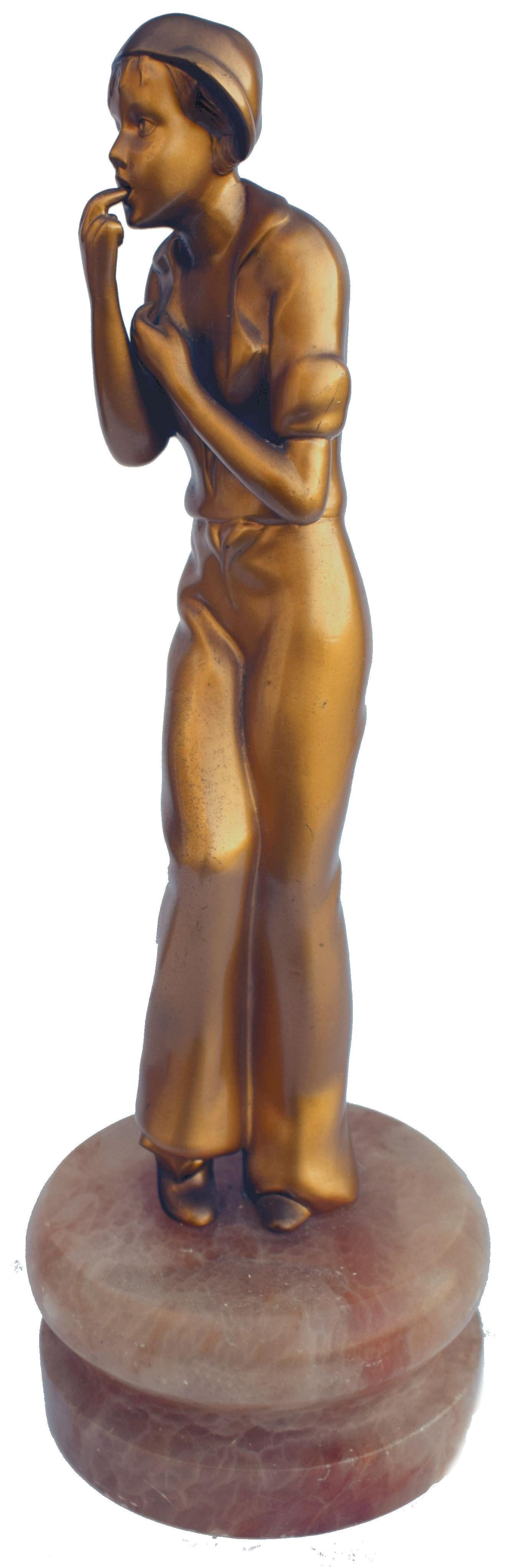 Art déco Figure en étain Art Déco sur socle en onyx, vers 1930 en vente