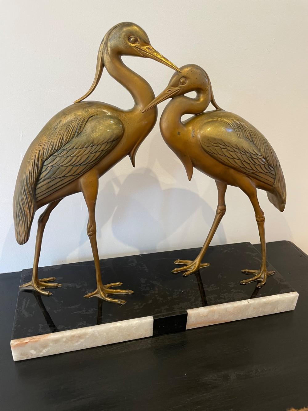 Great French Art Deco spelter sculpture
Of two Herons or Cranes mounted on a marble base
Circa 1930’s
Height 19 inches or 48 cms
Width 19.5 Inches or 49.5 cms
Depth 7 inches 18 cms