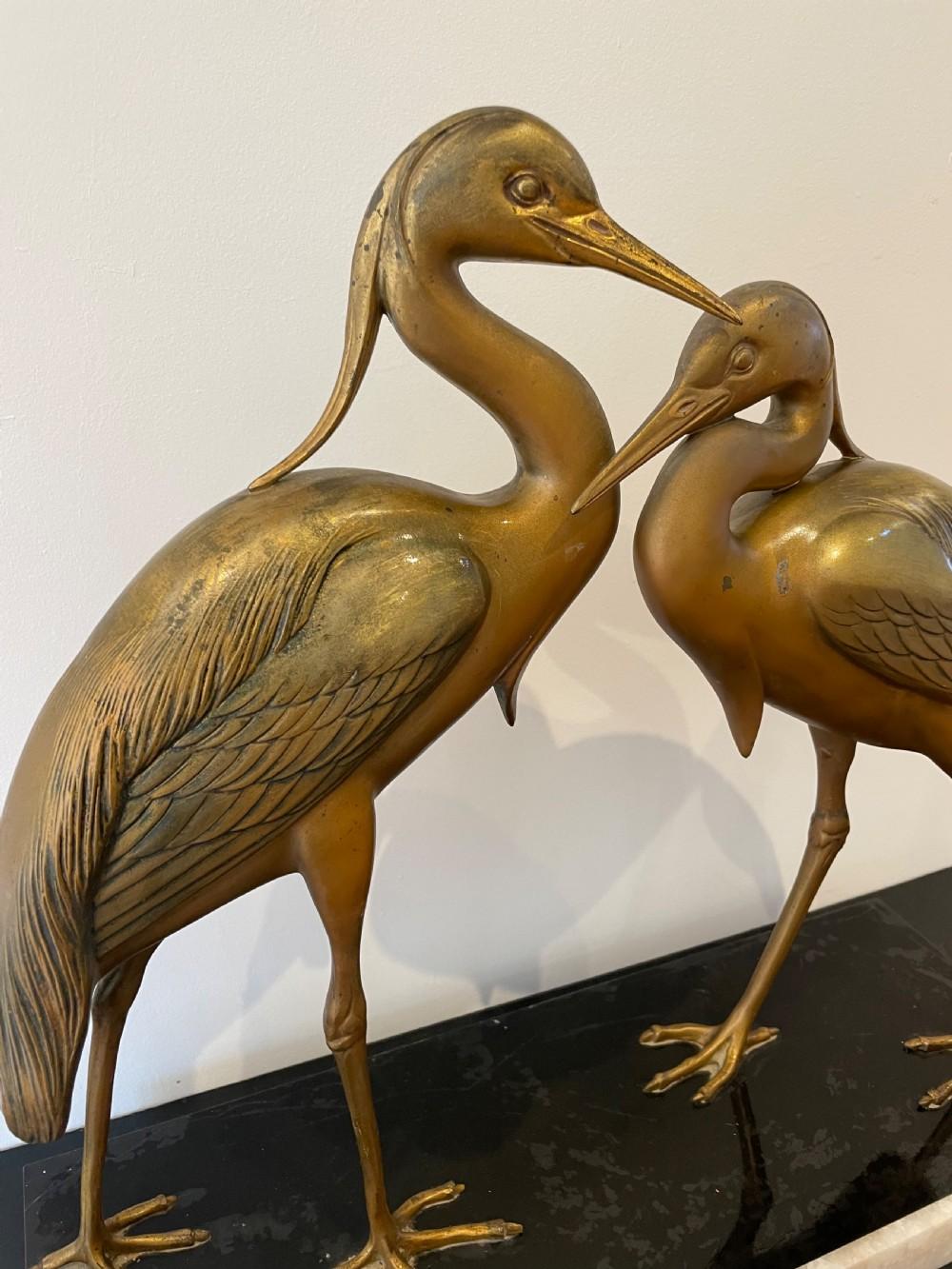 French Art deco spelter group of two cranes  For Sale