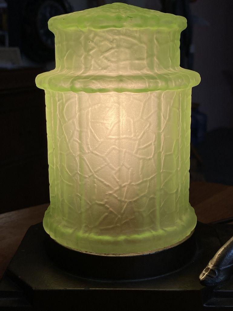 Art Deco Spelter Metal Lounging Women Lamp w/ Green Light Shape For Sale 6