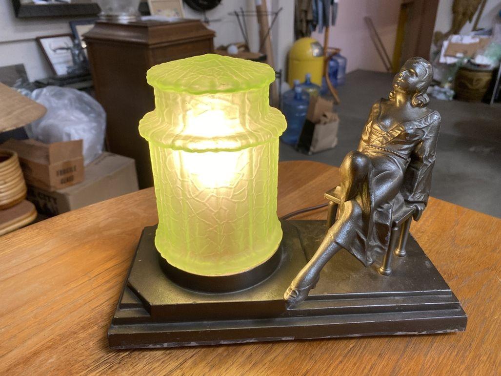 Art Deco Spelter Metal Lounging Women Lamp w/ Green Light Shape For Sale 7
