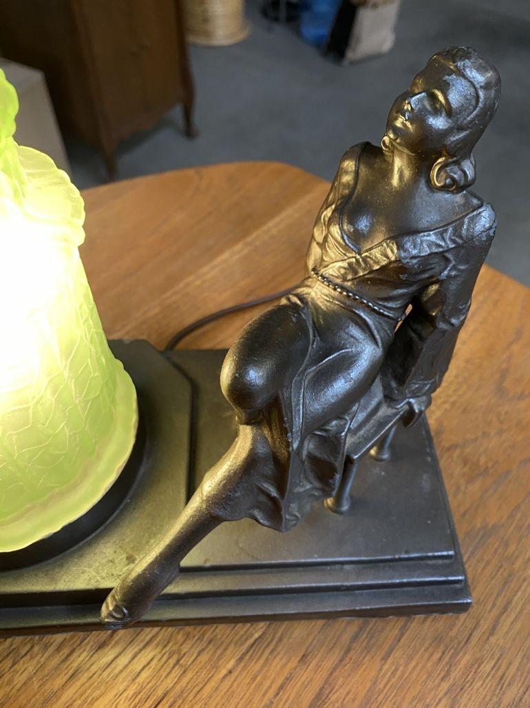 Art Deco Spelter Metal Lounging Women Lamp w/ Green Light Shape For Sale 8