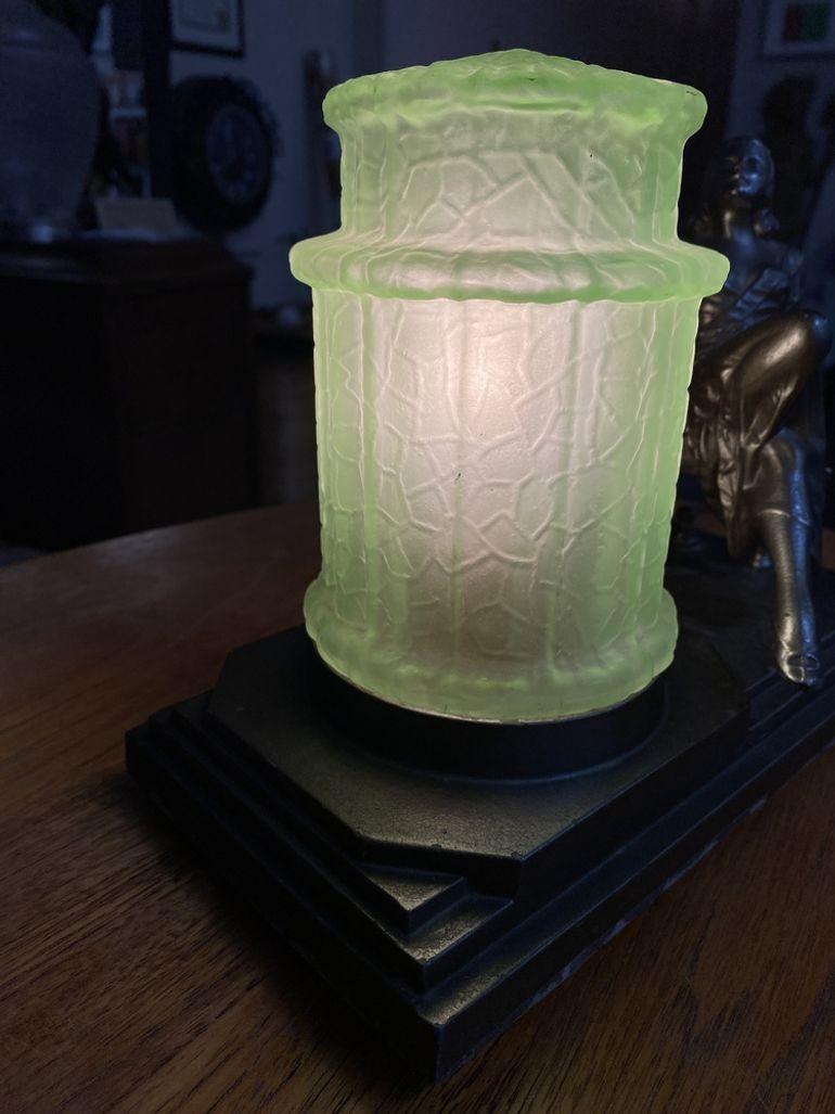 Art Deco Spelter Metal Lounging Women Lamp w/ Green Light Shape For Sale 9