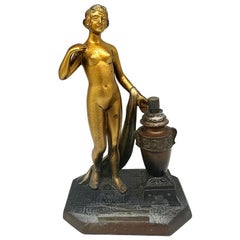Art Deco Spelter Metal Nude Flapper Goddess Desktop Torch Tip Table Lighter