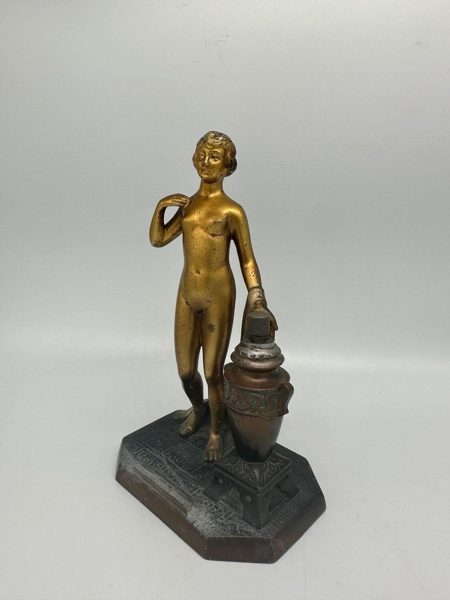 Art Deco Spelter Metal Nude Greek Goddess Torch Tip Table Lighter For Sale 5