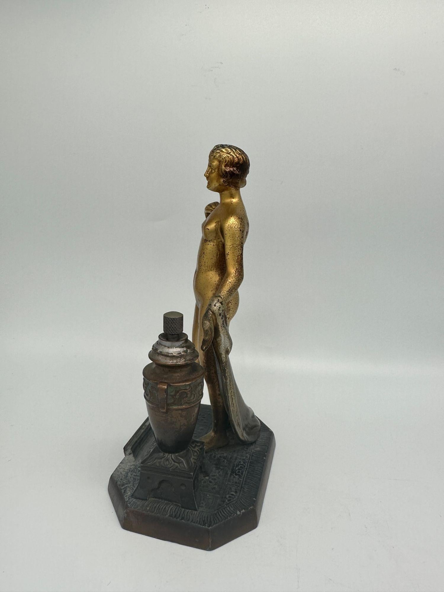 Art Deco Spelter Metal Nude Greek Goddess Torch Tip Table Lighter For Sale 6