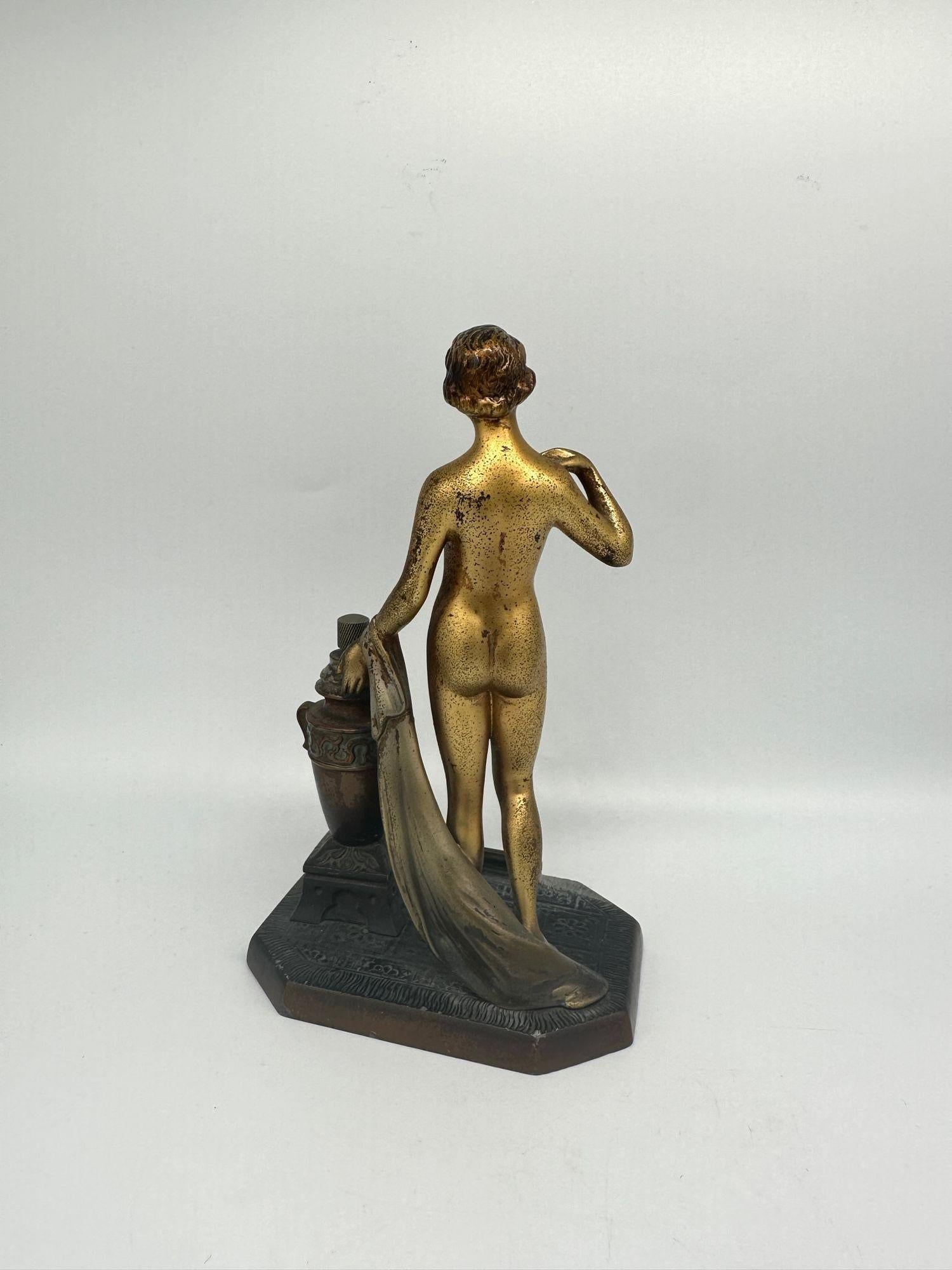 Art Deco Spelter Metal Nude Greek Goddess Torch Tip Table Lighter For Sale 7