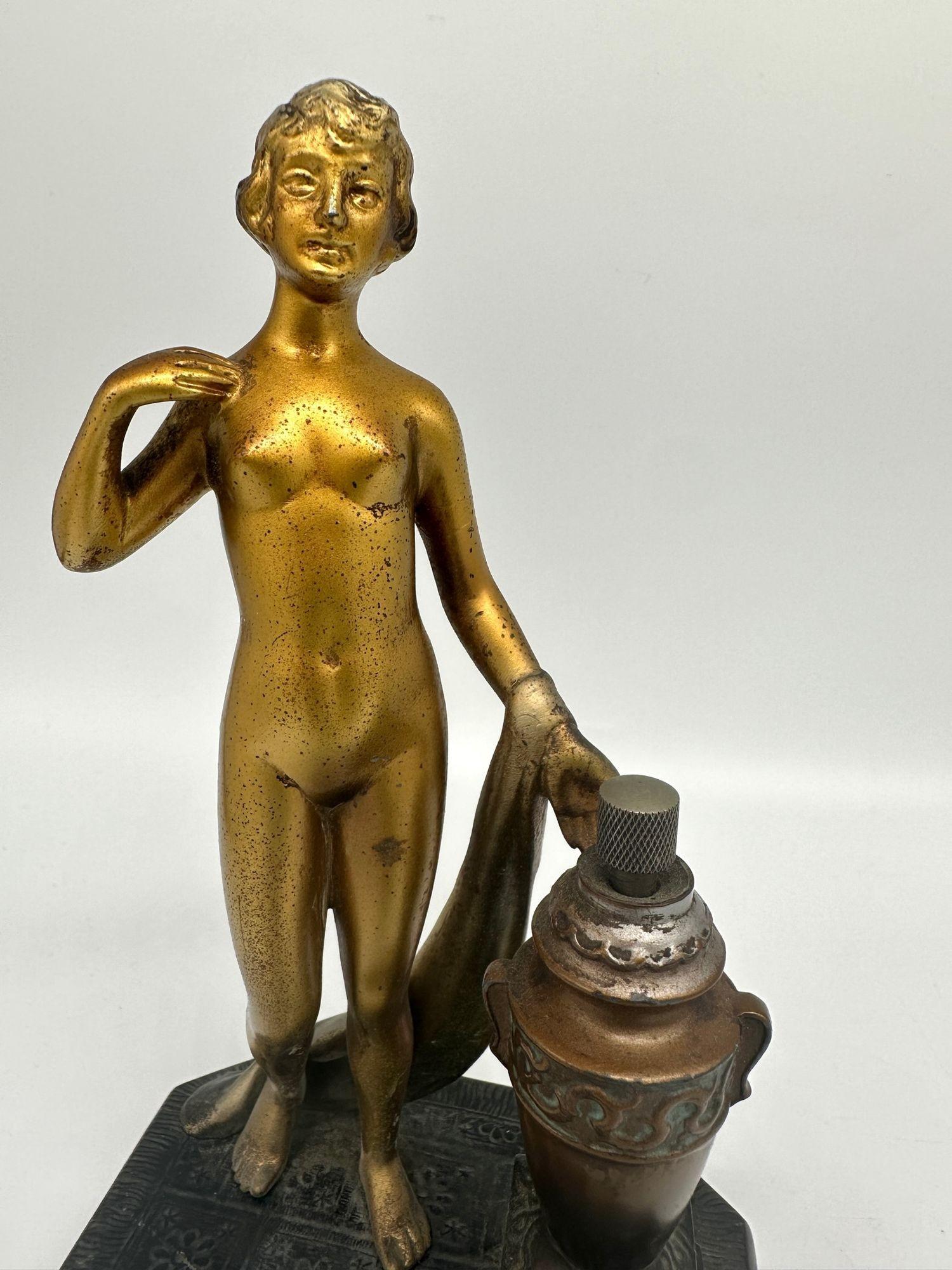 Art Deco Spelter Metal Nude Greek Goddess Torch Tip Table Lighter For Sale 9