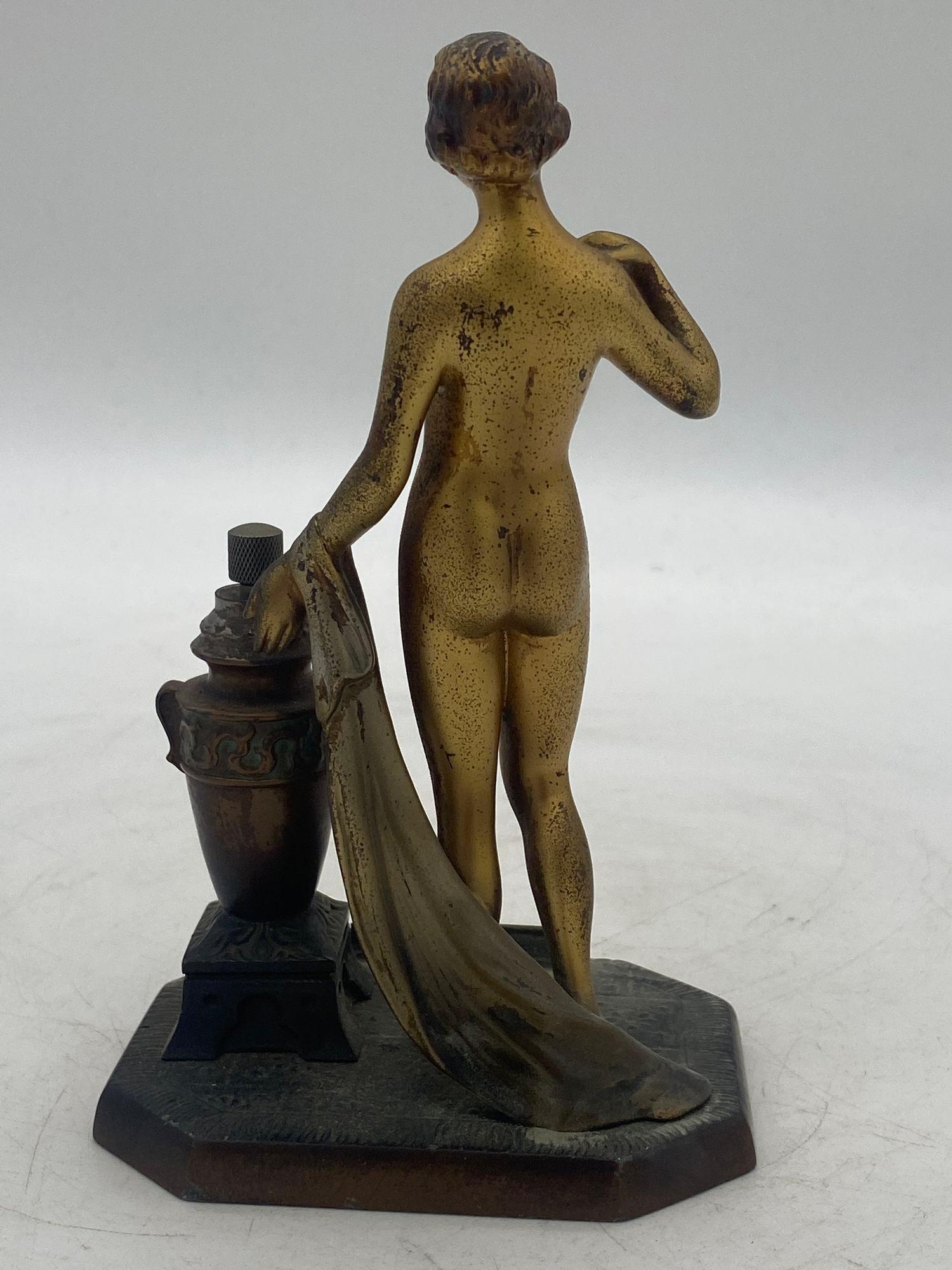 Mid-20th Century Art Deco Spelter Metal Nude Greek Goddess Torch Tip Table Lighter For Sale