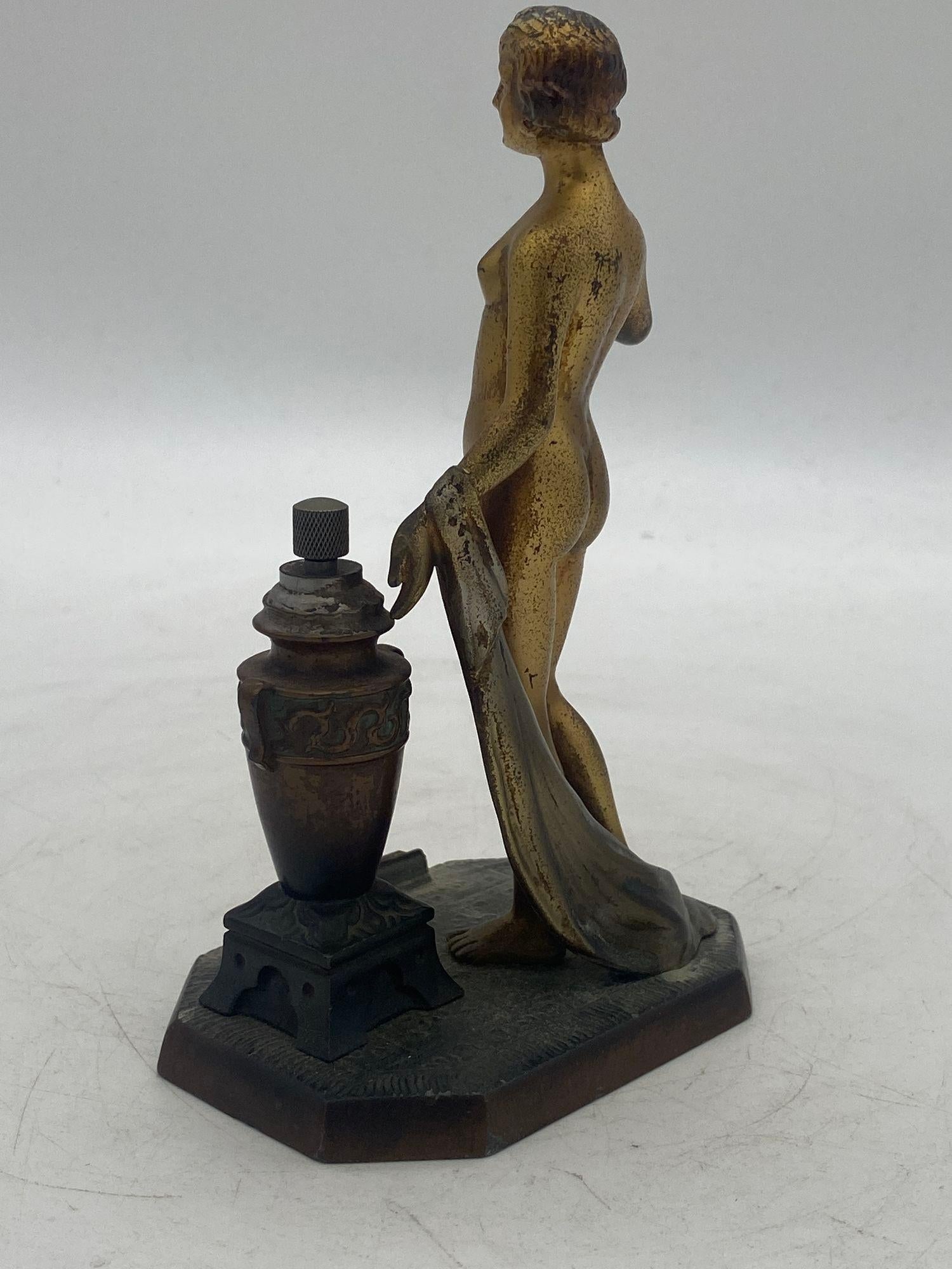 Art Deco Spelter Metal Nude Greek Goddess Torch Tip Table Lighter For Sale 1