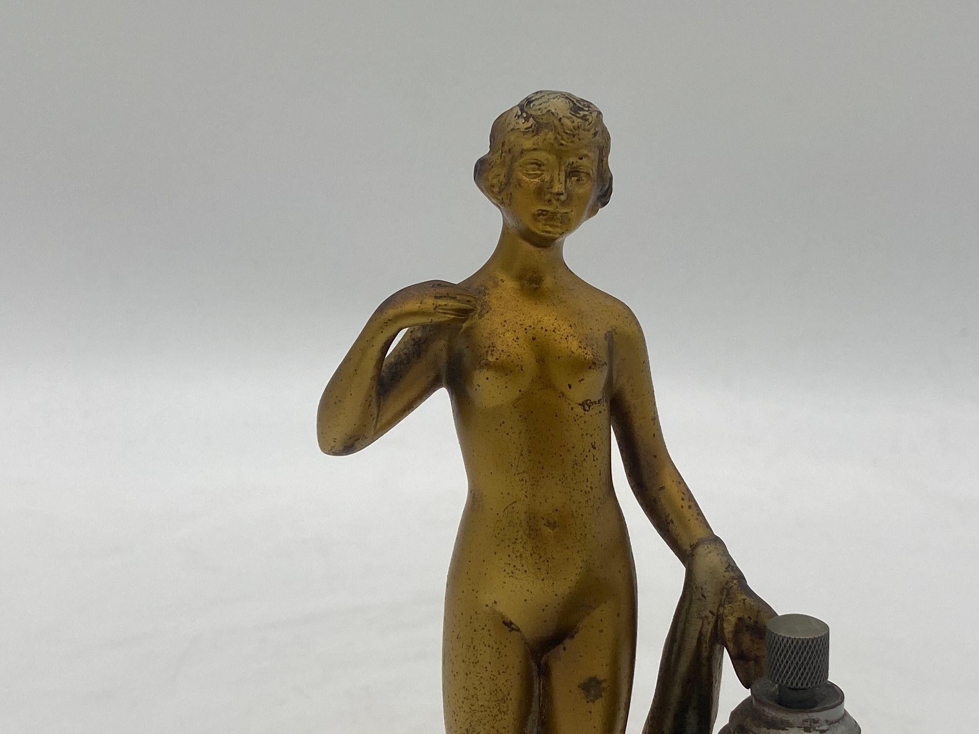 Art Deco Spelter Metal Nude Greek Goddess Torch Tip Table Lighter For Sale 3