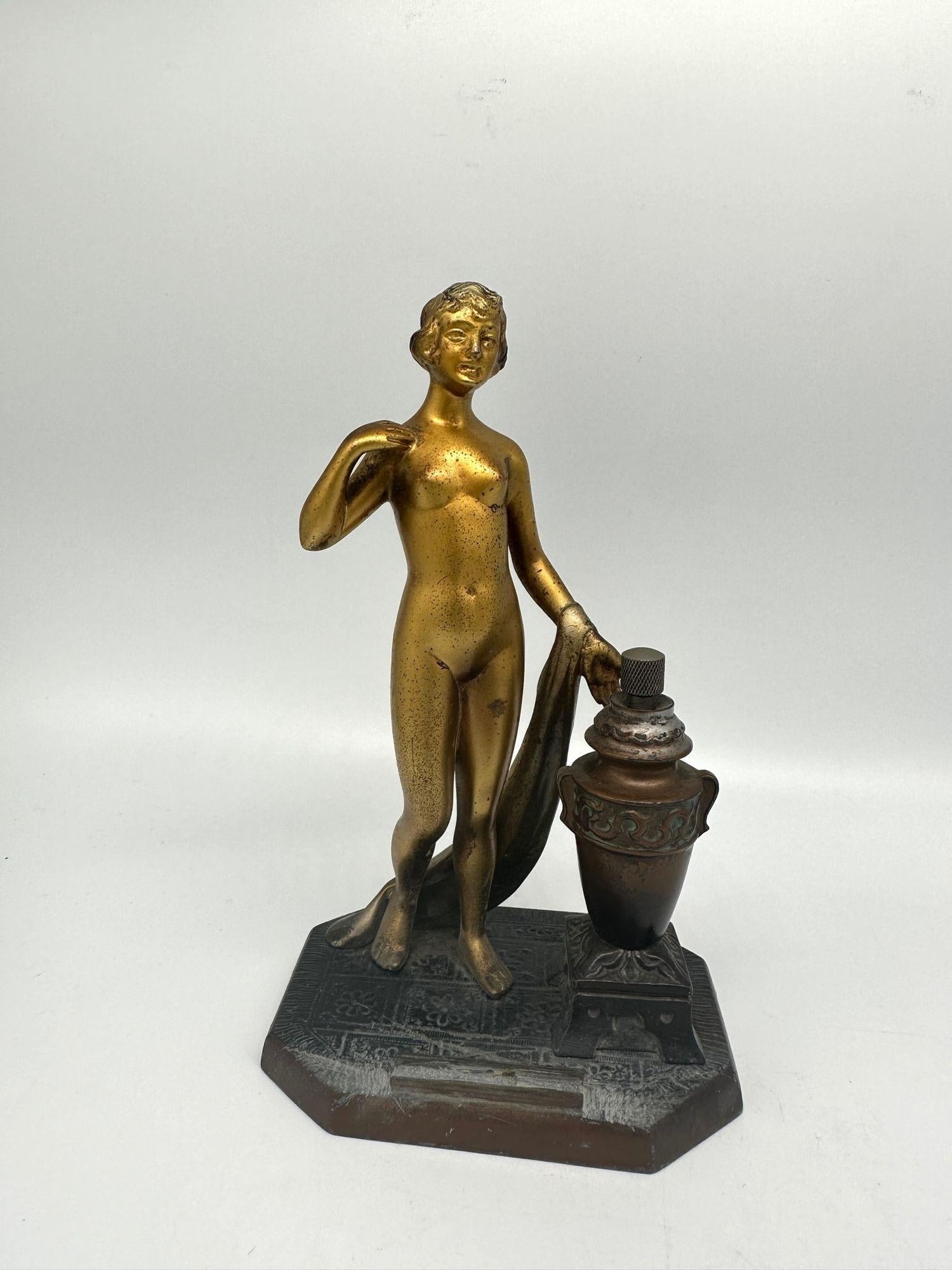 Art Deco Spelter Metal Nude Greek Goddess Torch Tip Table Lighter For Sale 4