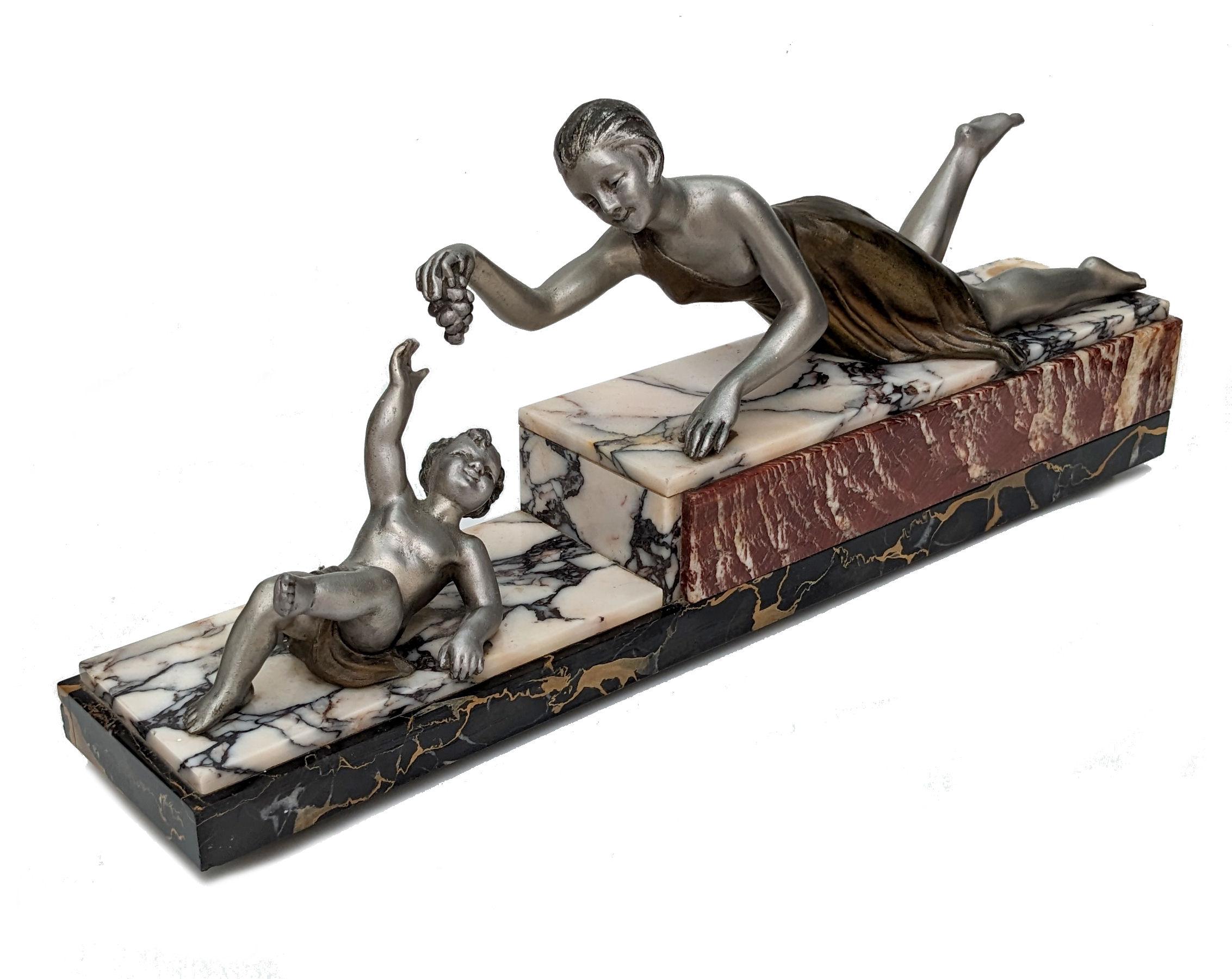 Art Deco Spelter 'Mother & Child' On Marble , French, c1930 In Good Condition For Sale In Devon, England
