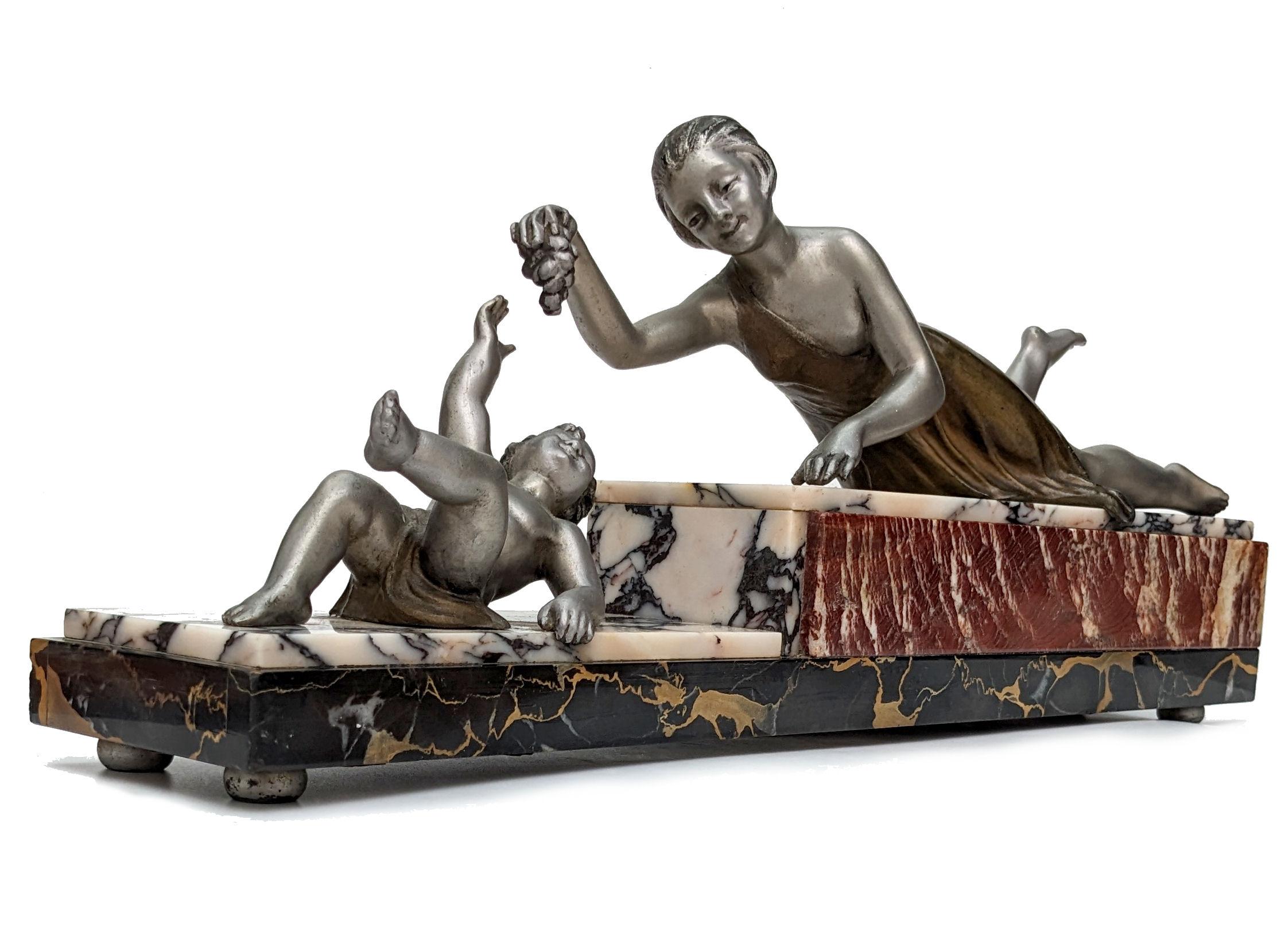 20th Century Art Deco Spelter 'Mother & Child' On Marble , French, c1930 For Sale