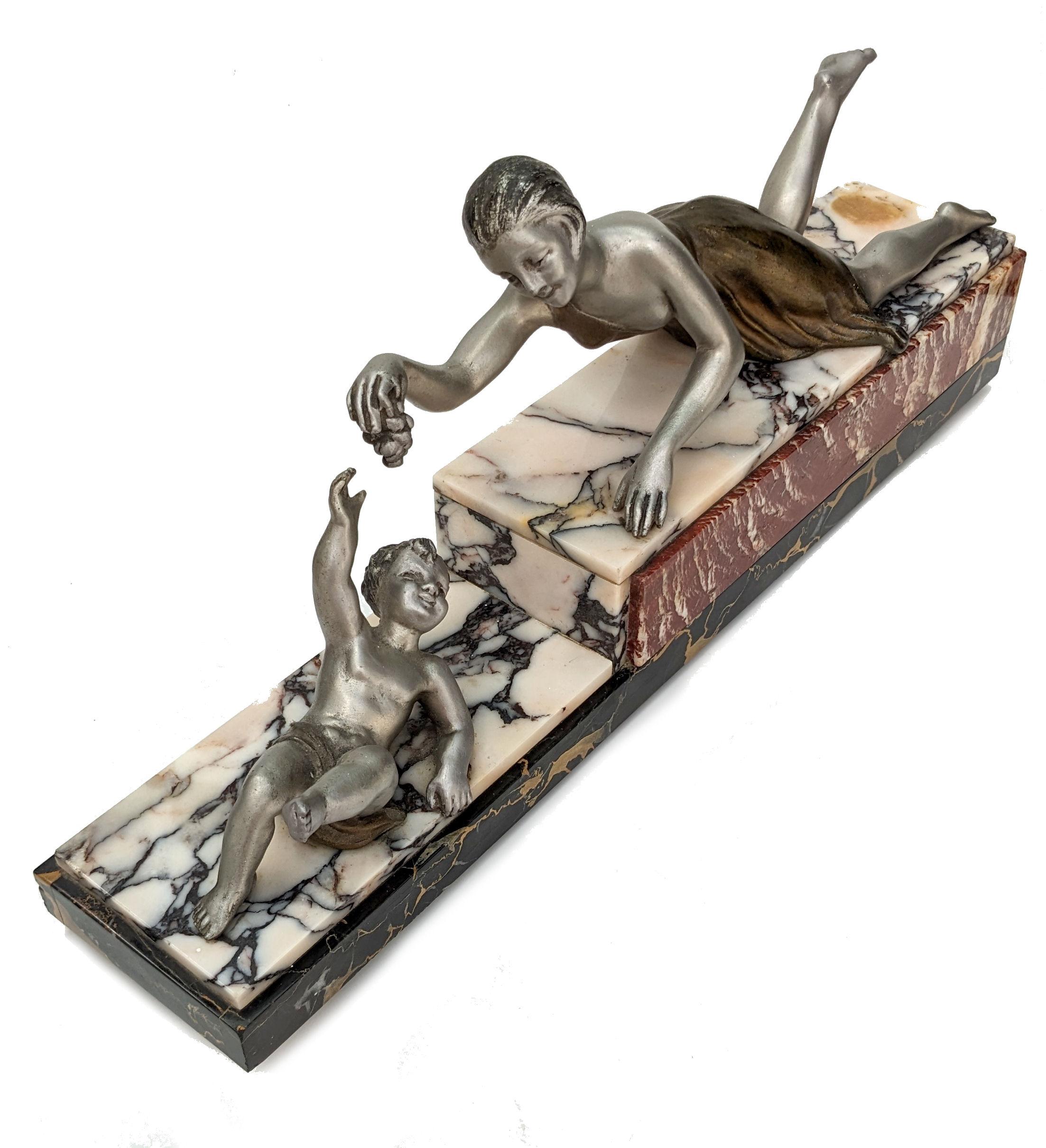 Art Deco Spelter 'Mother & Child' On Marble , French, c1930 For Sale 1