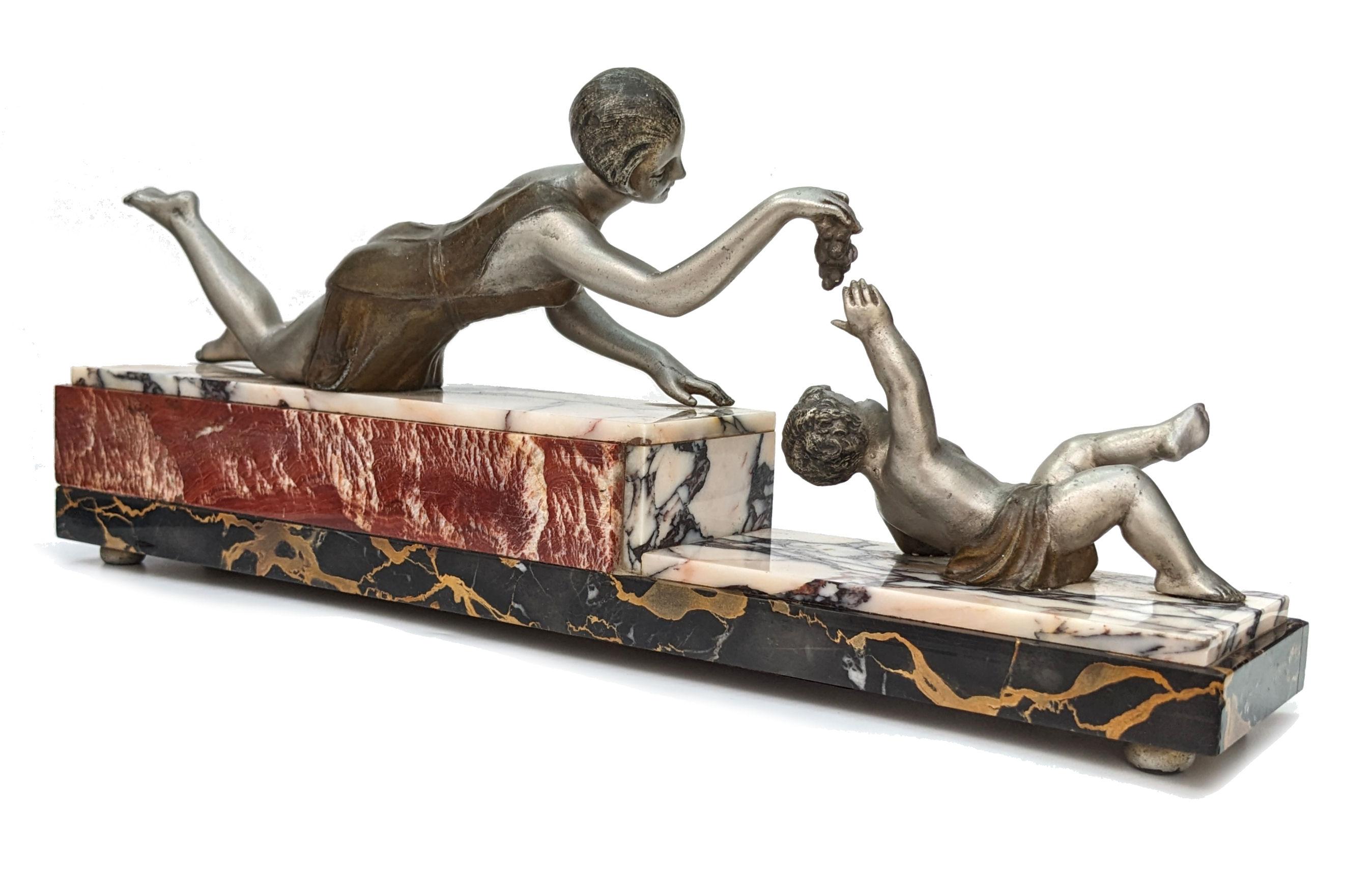 Art Deco Spelter 'Mother & Child' On Marble , French, c1930 For Sale 2