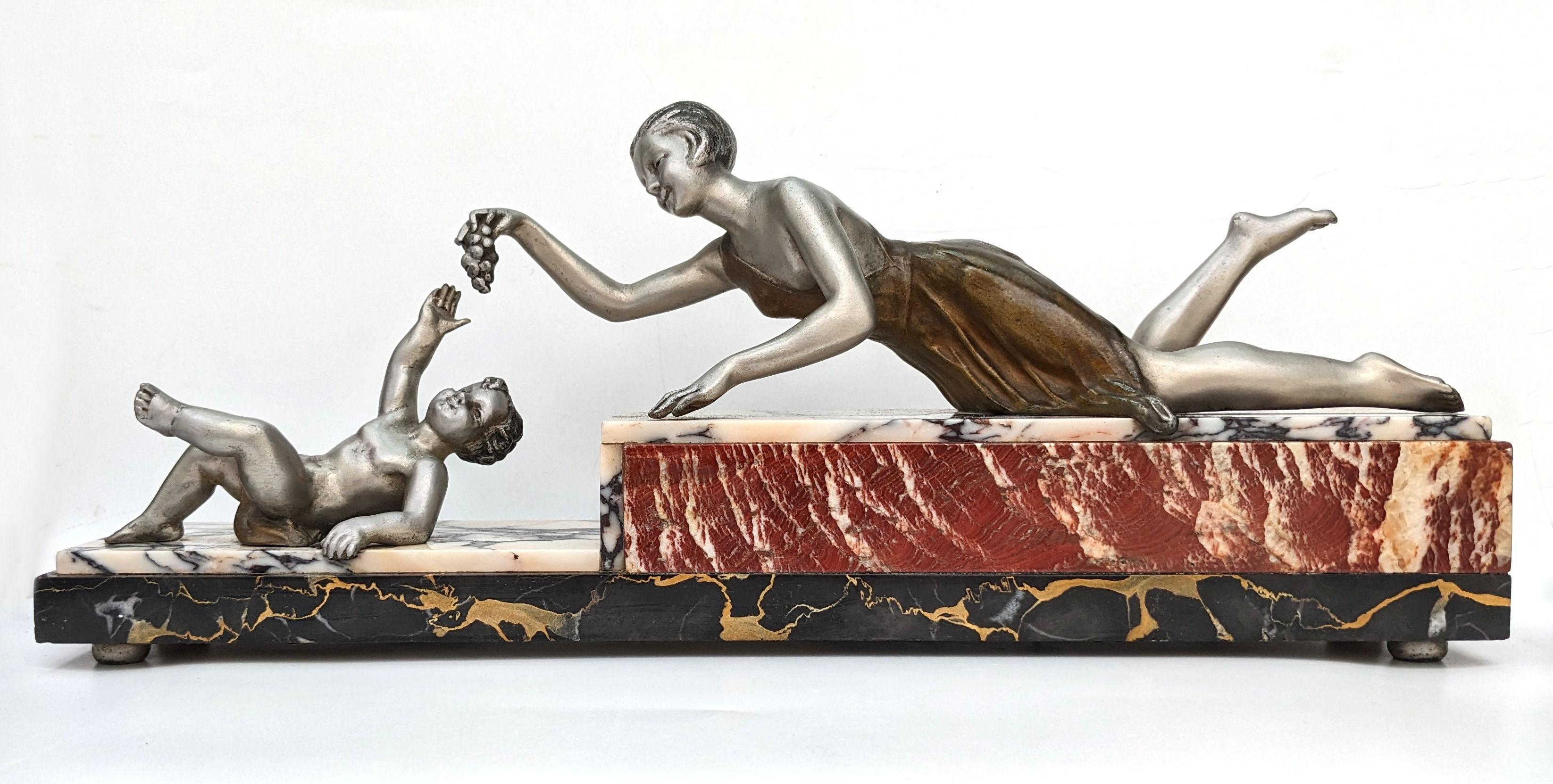 Art Deco Spelter 'Mother & Child' On Marble , French, c1930 For Sale 4