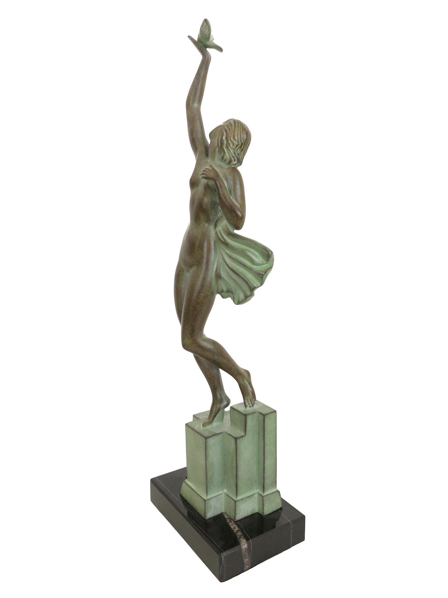 Patinated Art Deco Spelter Sculpture Love Message by Pierre Le Faguays and Max Le Verrier For Sale
