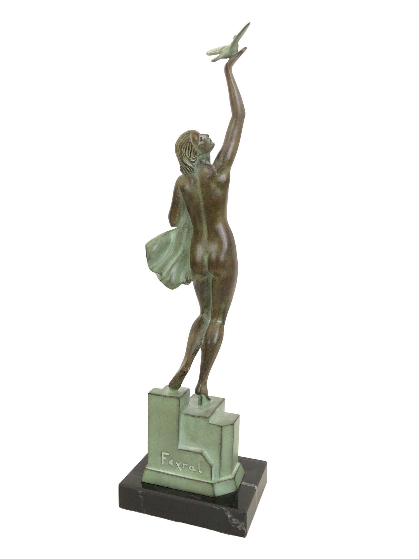 Patinated Art Deco Spelter Sculpture Love Message by Pierre Le Faguays and Max Le Verrier