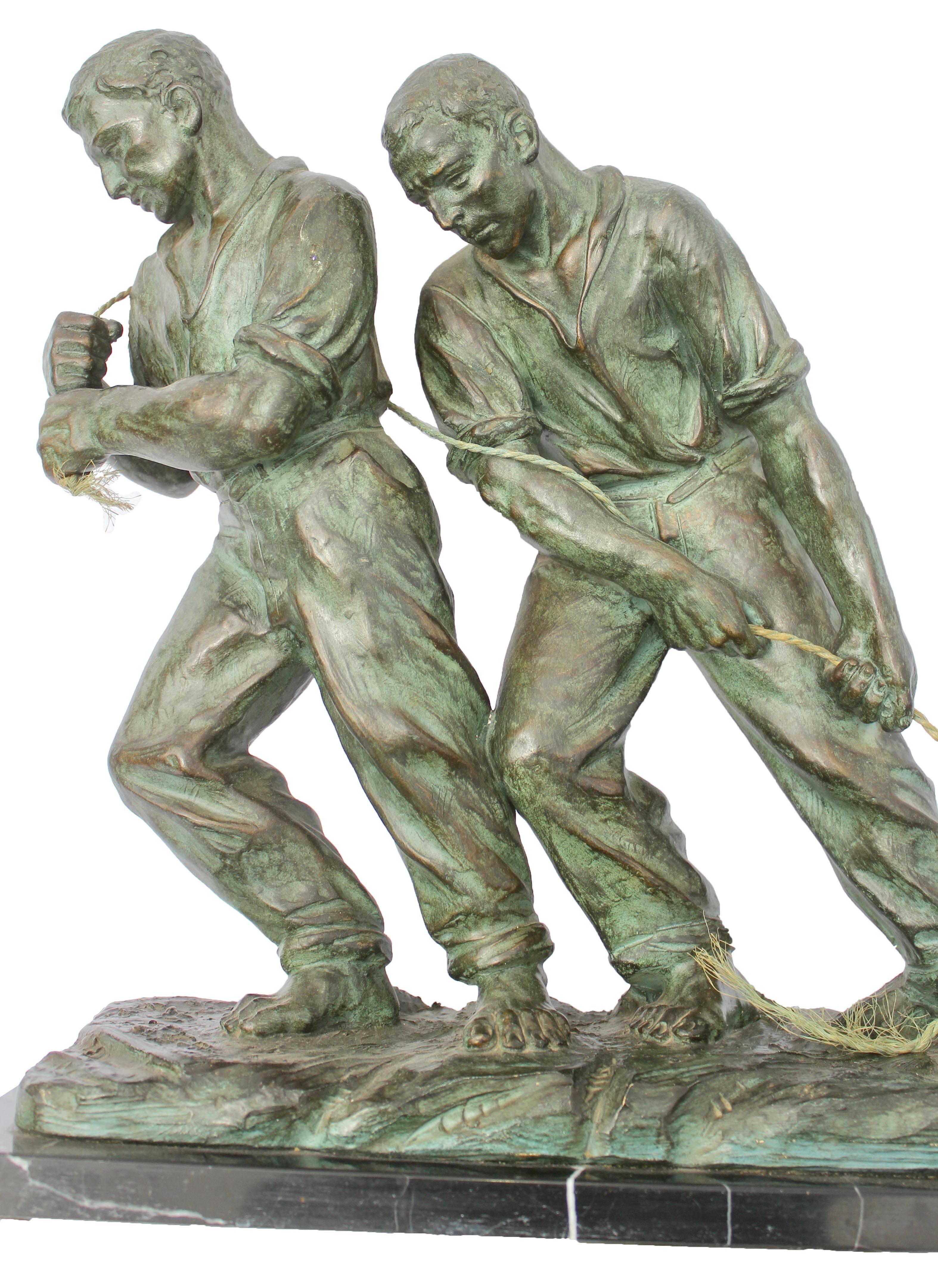 Art Deco Spelter Sculpture, Two Men Pulling a Boat from the Water, Signed In Good Condition In Verviers, BE