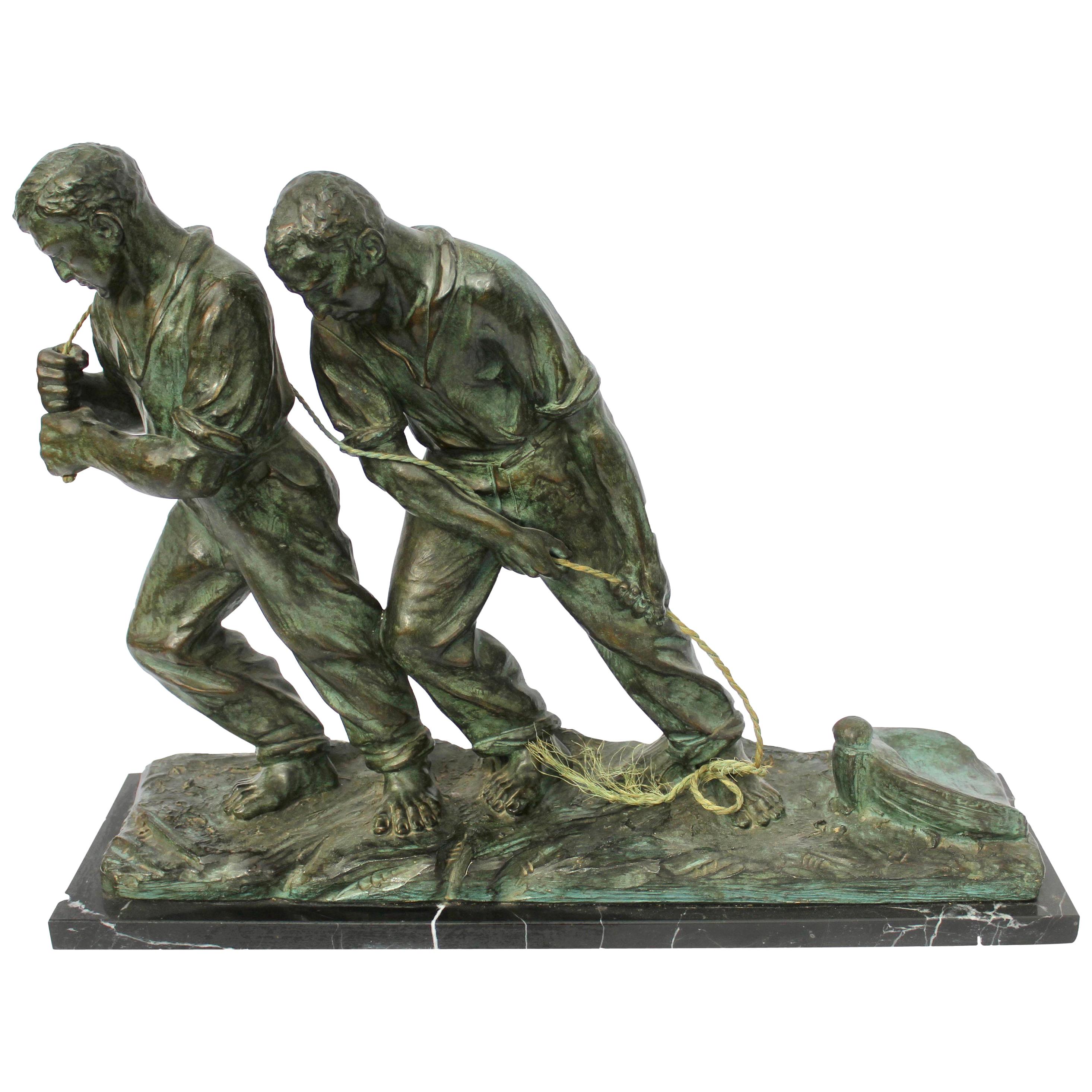 Art Deco Spelter Sculpture, Two Men Pulling a Boat from the Water, Signed