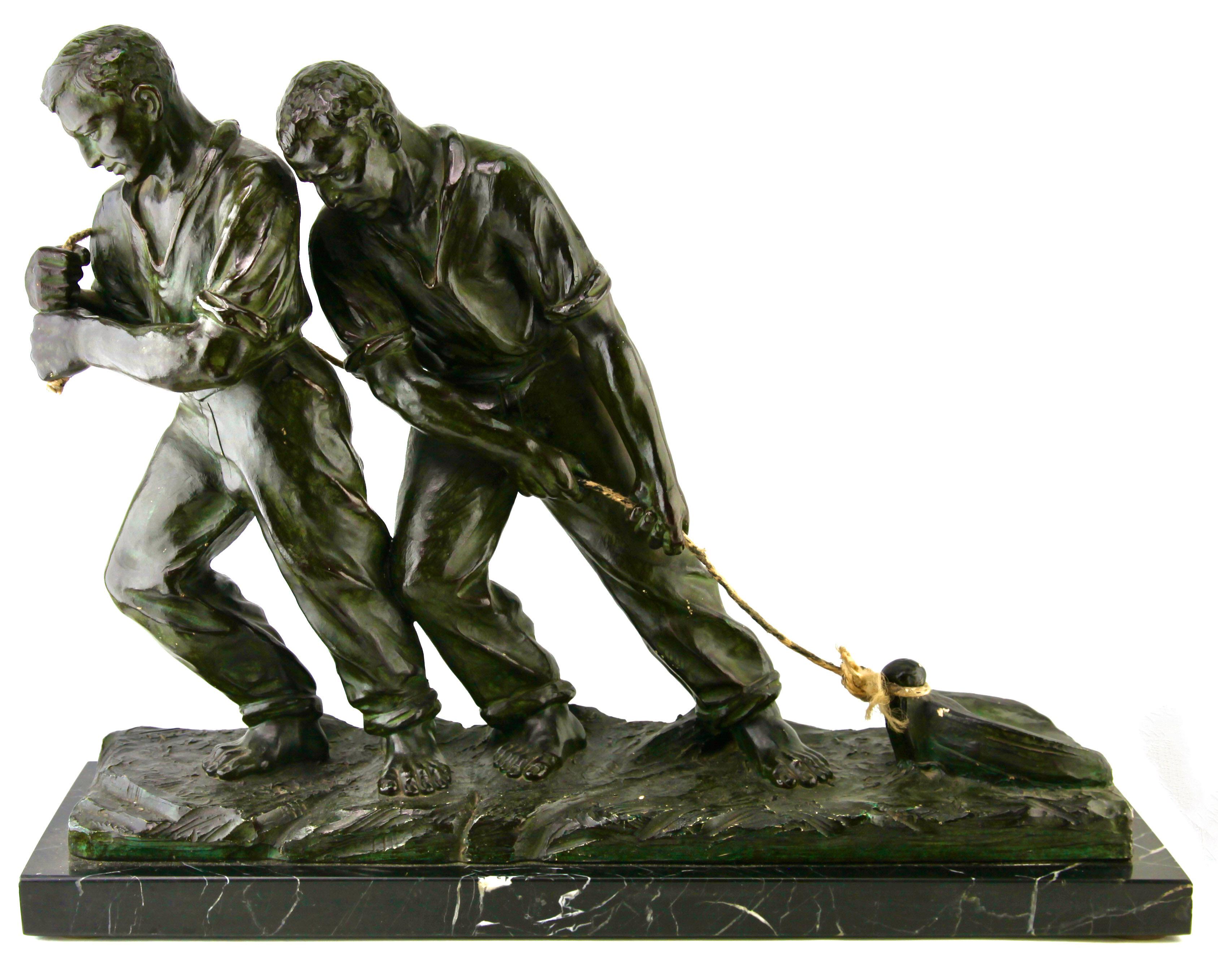Art Deco Spelter Sculpture, Two Men Pulling a Boat from the Water Signed G Carli For Sale 1