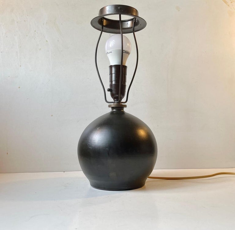 Danish Art Deco Spherical Ceramic Table Lamp in Satin Black Glaze, Aluminia 1920s For Sale