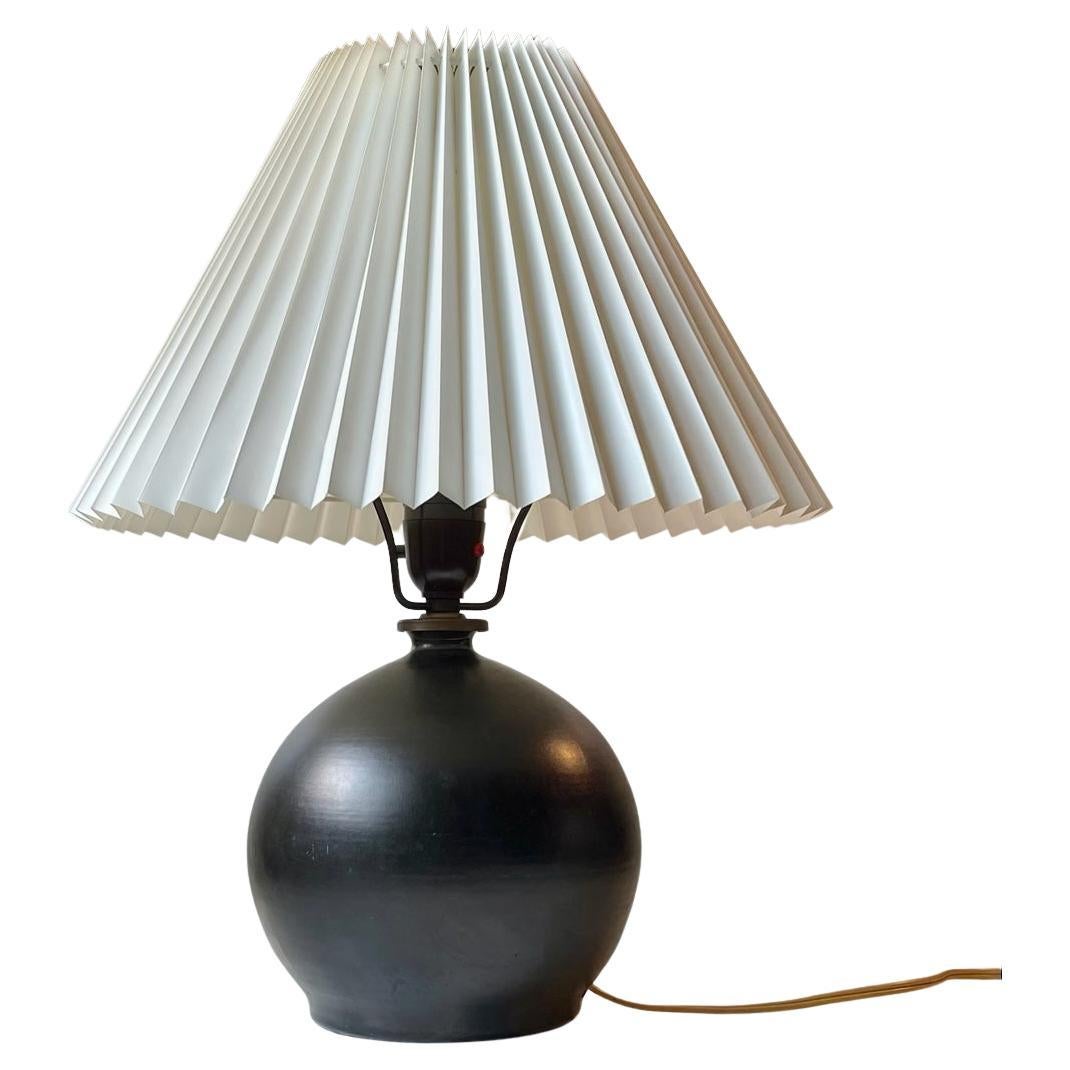 Art Deco Spherical Ceramic Table Lamp in Satin Black Glaze, Aluminia 1920s