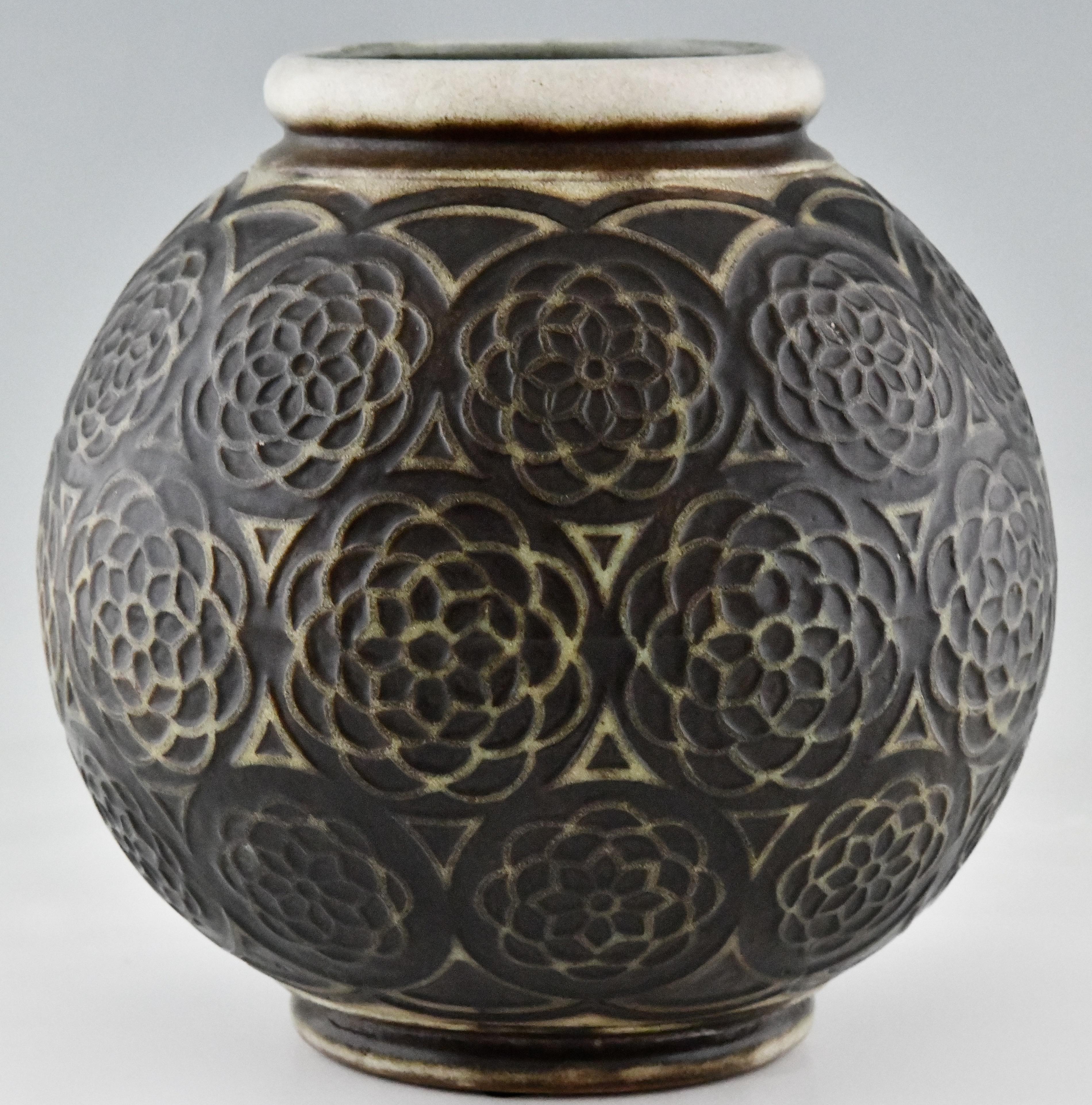 French Art Deco Spherical Ceramic Vase with Stylized Motifs by Joseph Mougin Nancy 1925