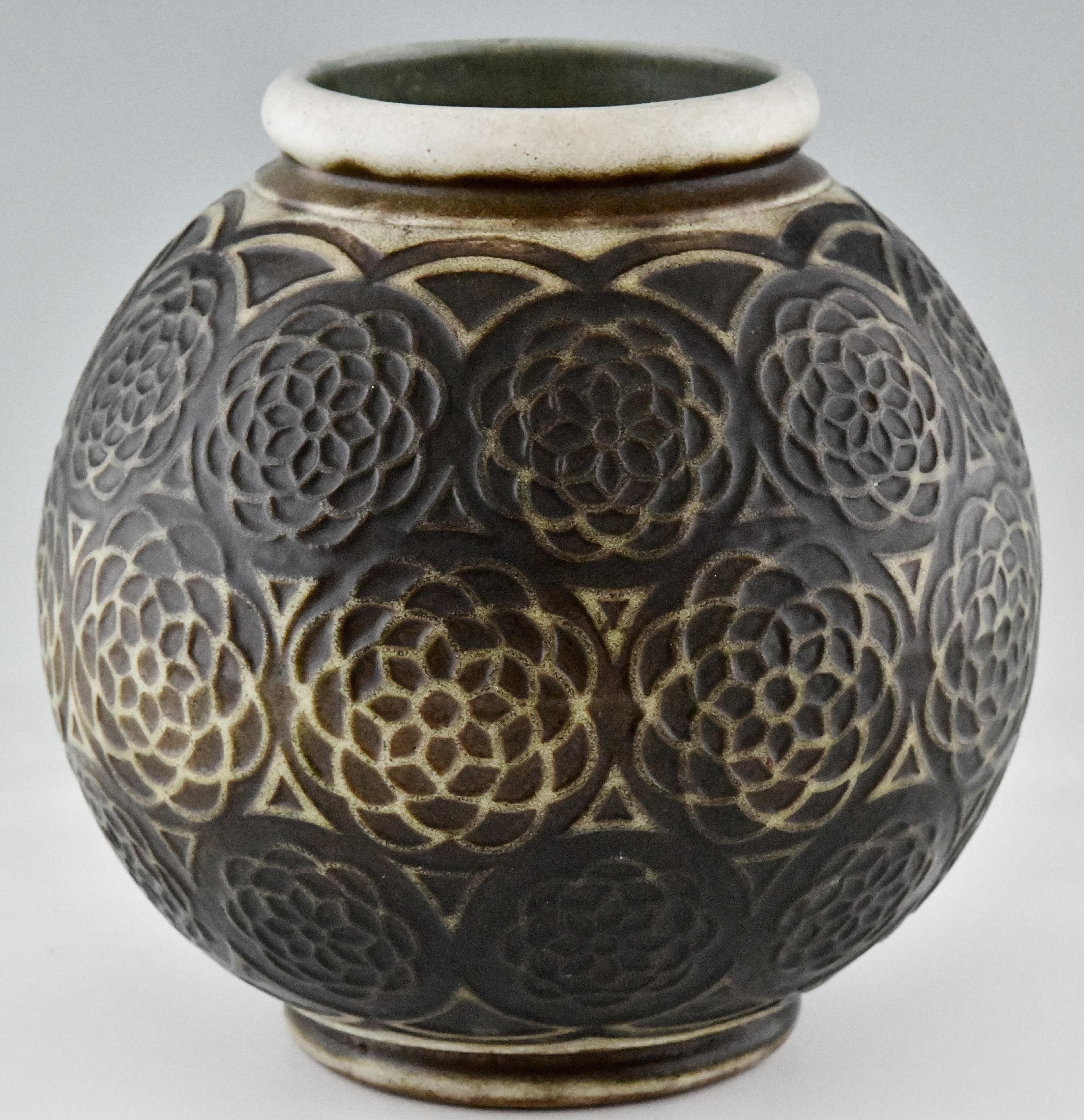 Art Deco Spherical Ceramic Vase with Stylized Motifs by Joseph Mougin Nancy 1925 In Good Condition In Antwerp, BE