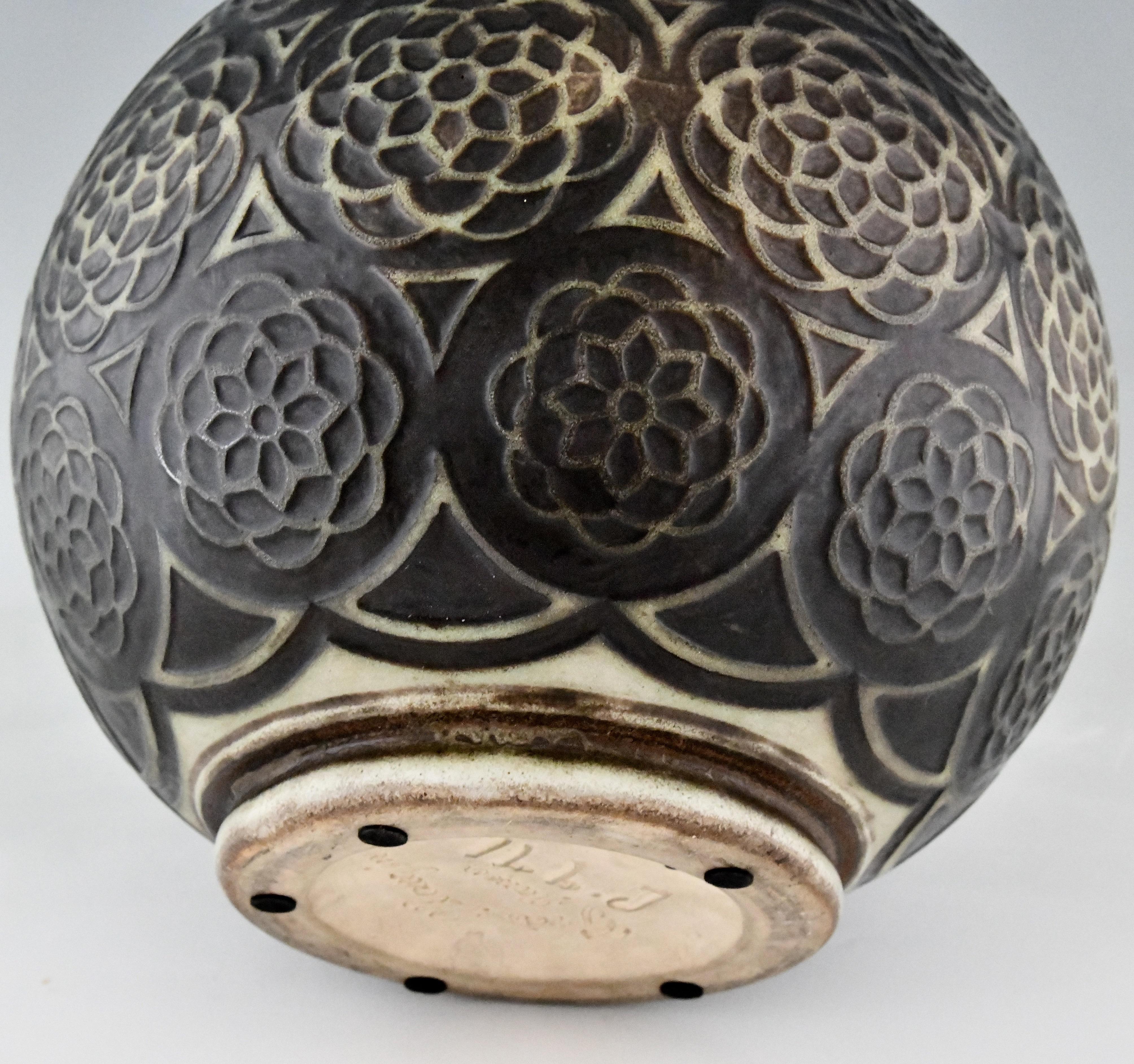 Art Deco Spherical Ceramic Vase with Stylized Motifs by Joseph Mougin Nancy 1925 2