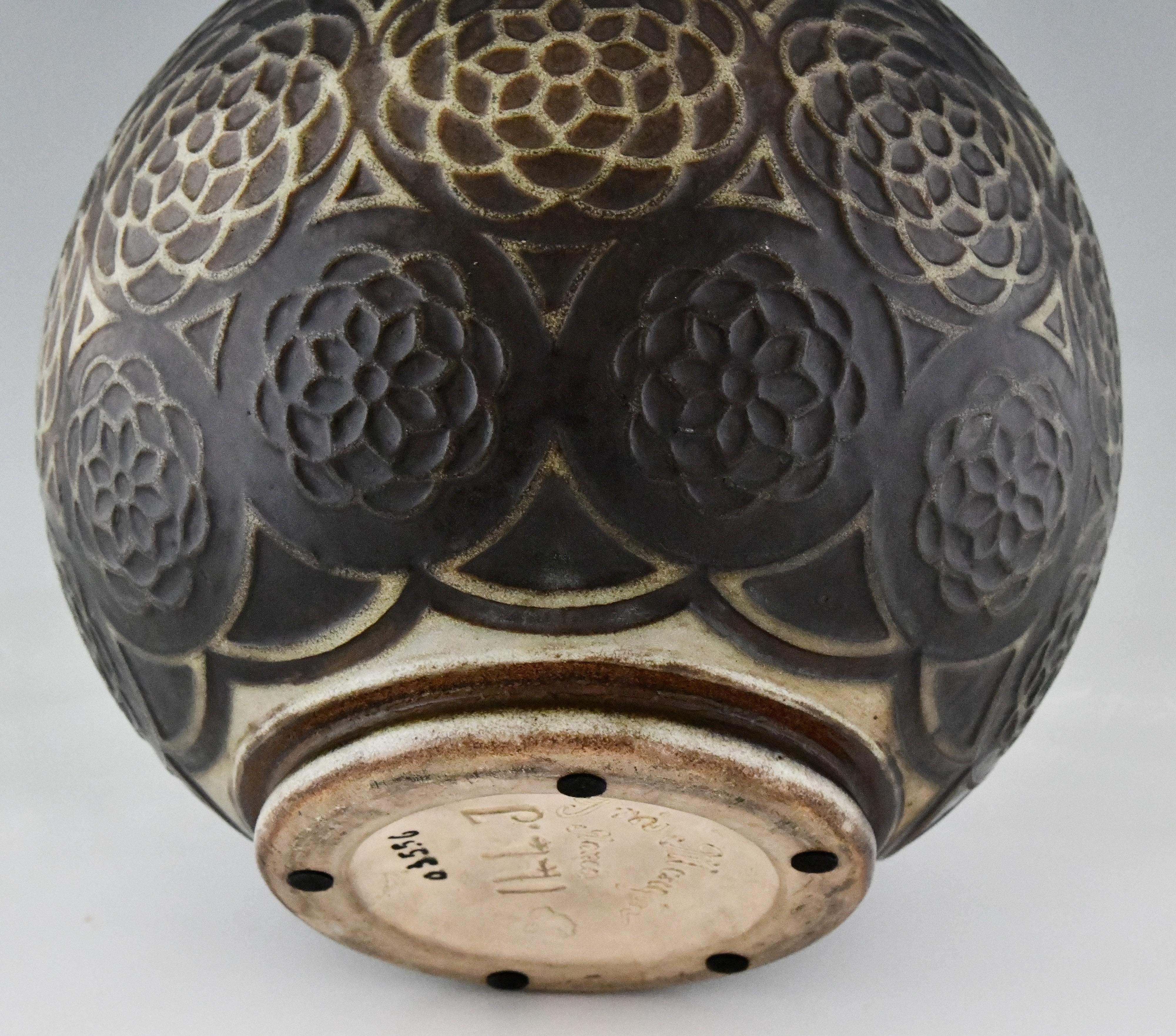 Art Deco Spherical Ceramic Vase with Stylized Motifs by Joseph Mougin Nancy 1925 3