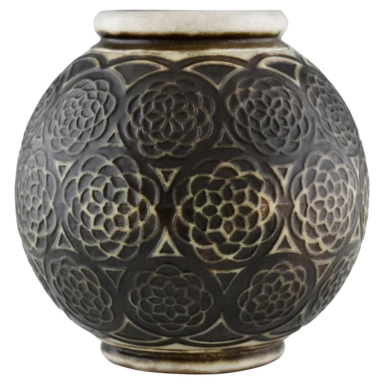 Art Deco Spherical Ceramic Vase with Stylized Motifs by Joseph Mougin Nancy 1925